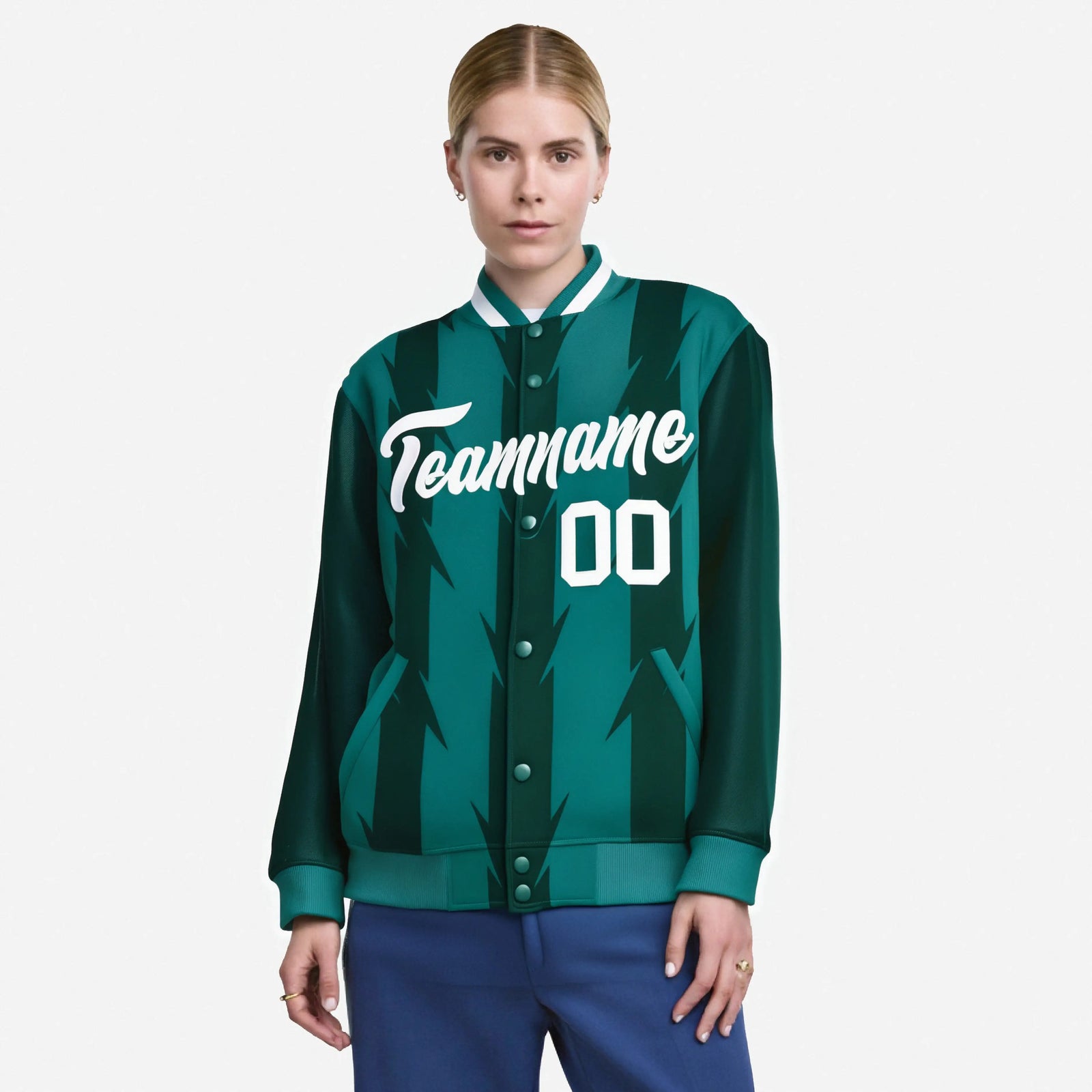 Custom Green Aqua-White Blade Graffiti Pattern Varsity Full-Snap Jacket