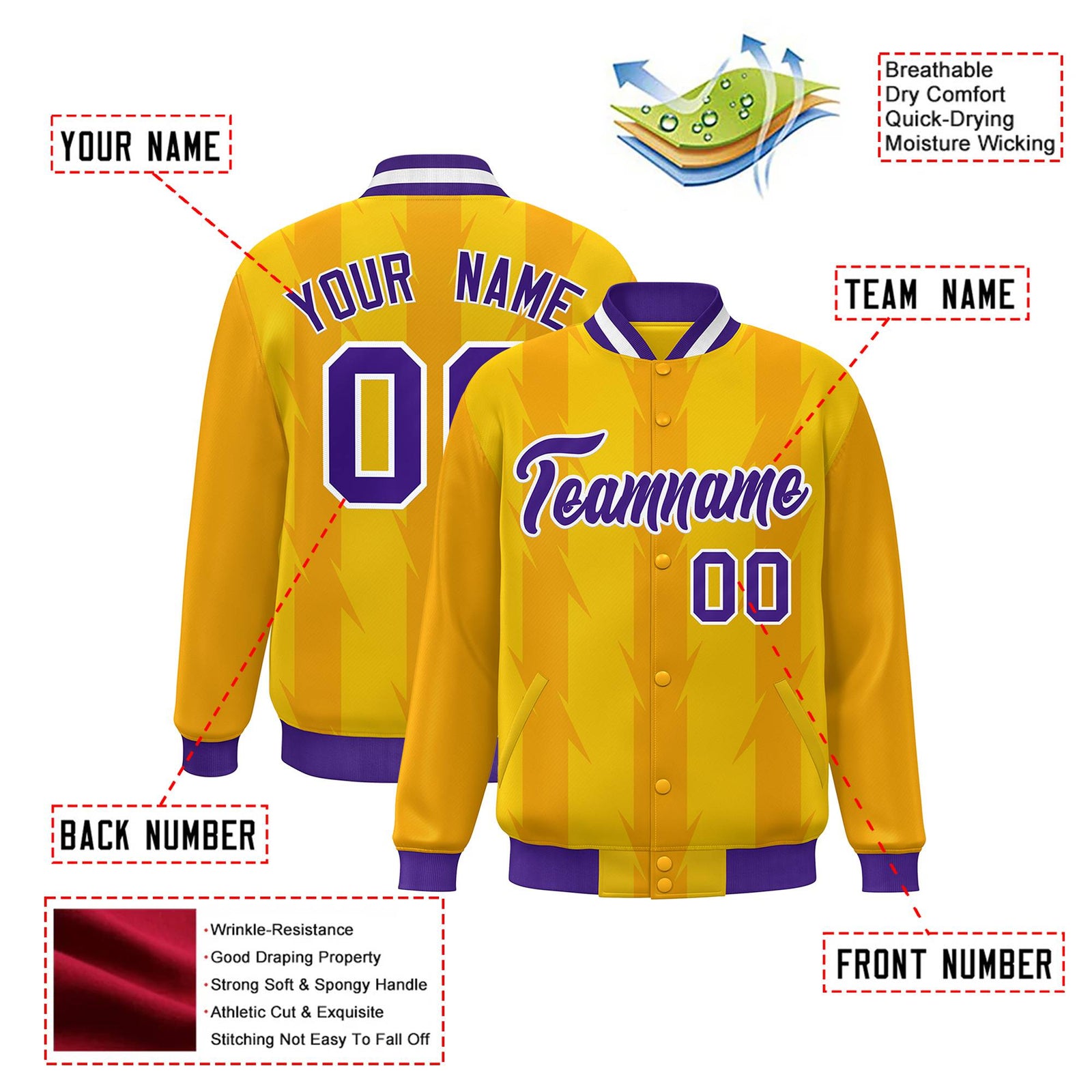 Custom Gold Yellow Purple-White Blade Graffiti Pattern Varsity Full-Snap Jacket