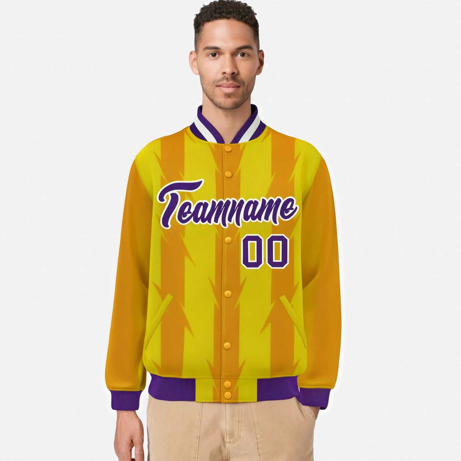 Custom Gold Yellow Purple-White Blade Graffiti Pattern Varsity Full-Snap Jacket
