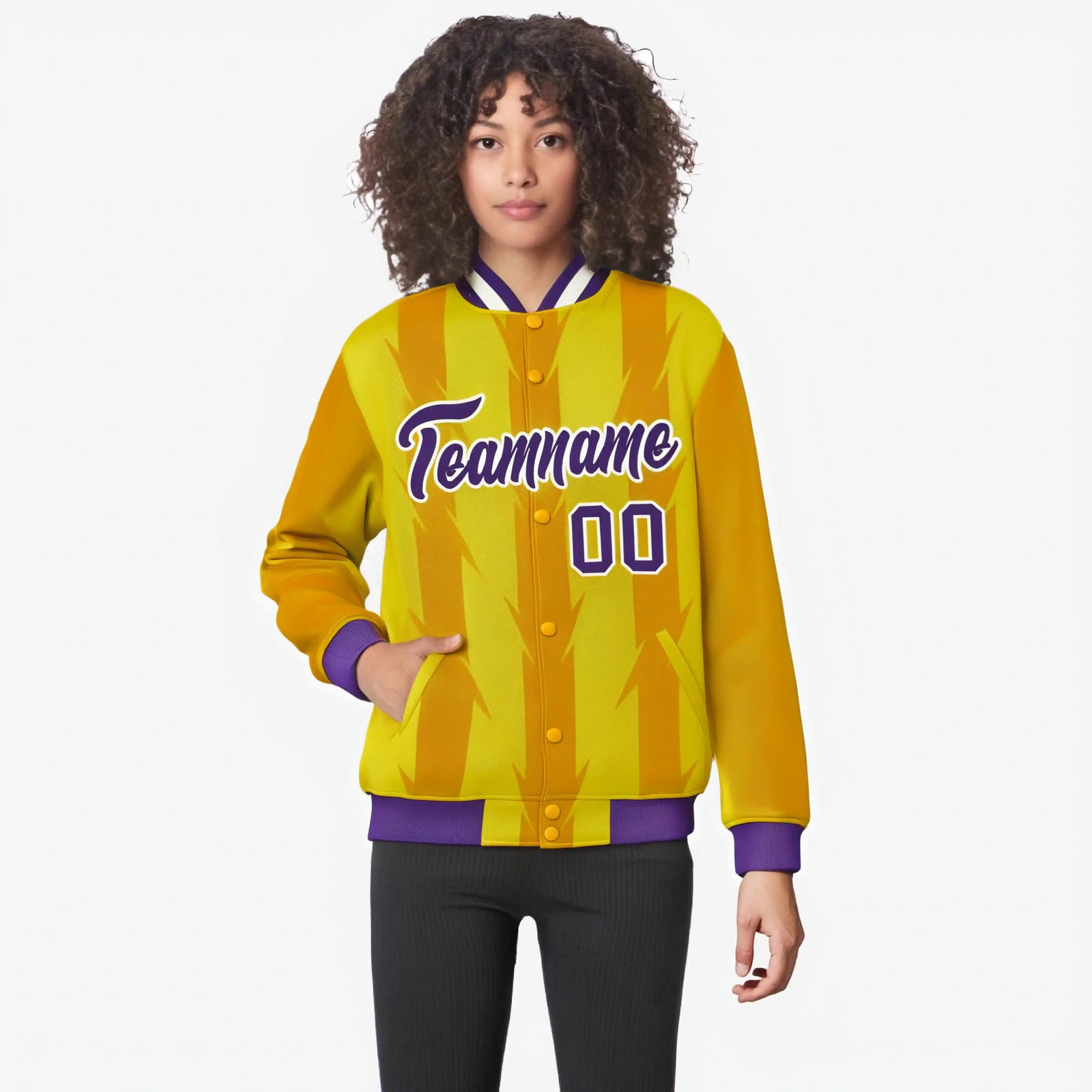 Custom Gold Yellow Purple-White Blade Graffiti Pattern Varsity Full-Snap Jacket