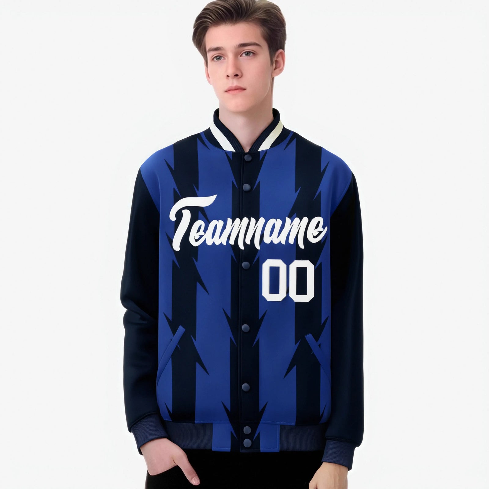 Custom Royal Blue Navy-White Blade Graffiti Pattern Varsity Full-Snap Jacket