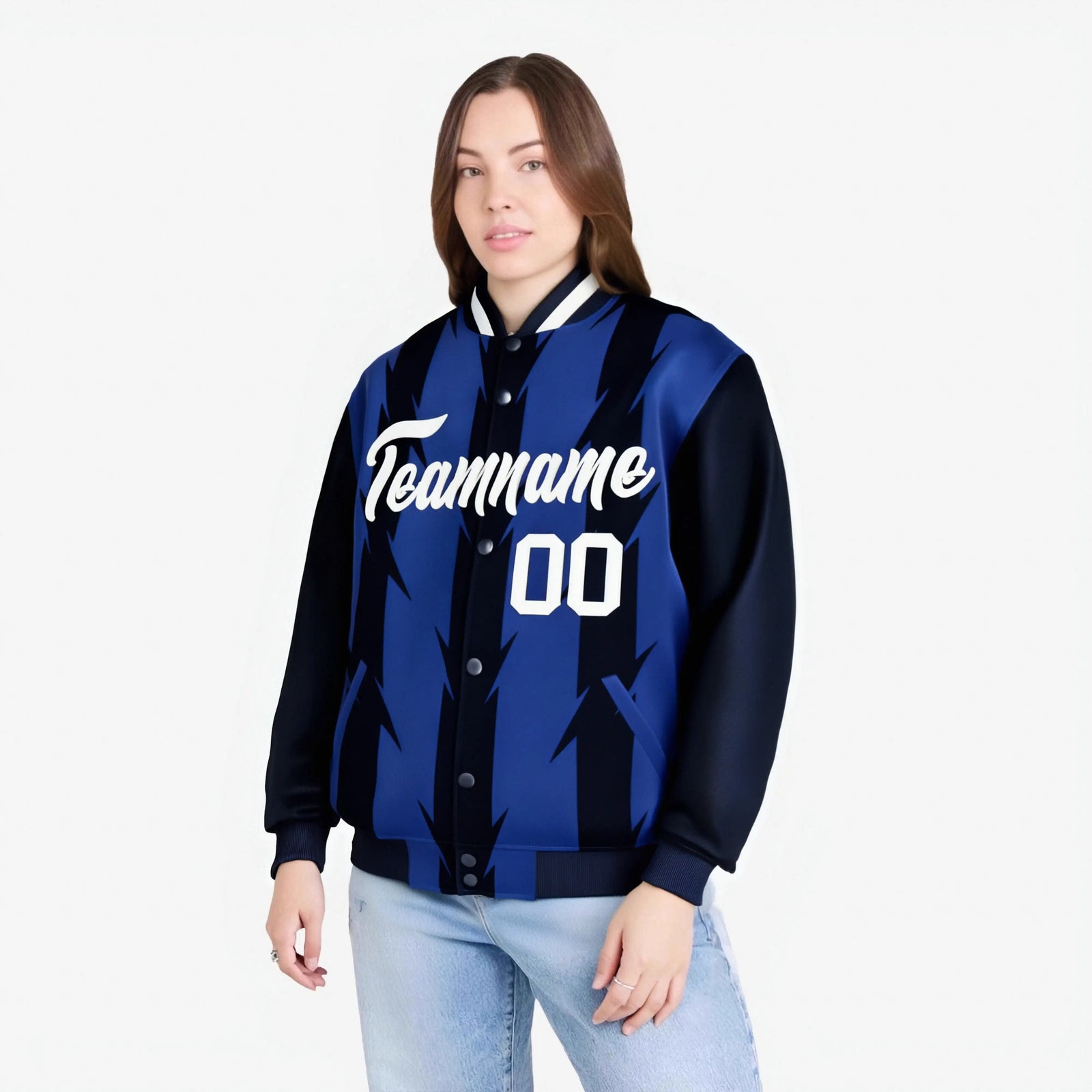 Custom Royal Blue Navy-White Blade Graffiti Pattern Varsity Full-Snap Jacket