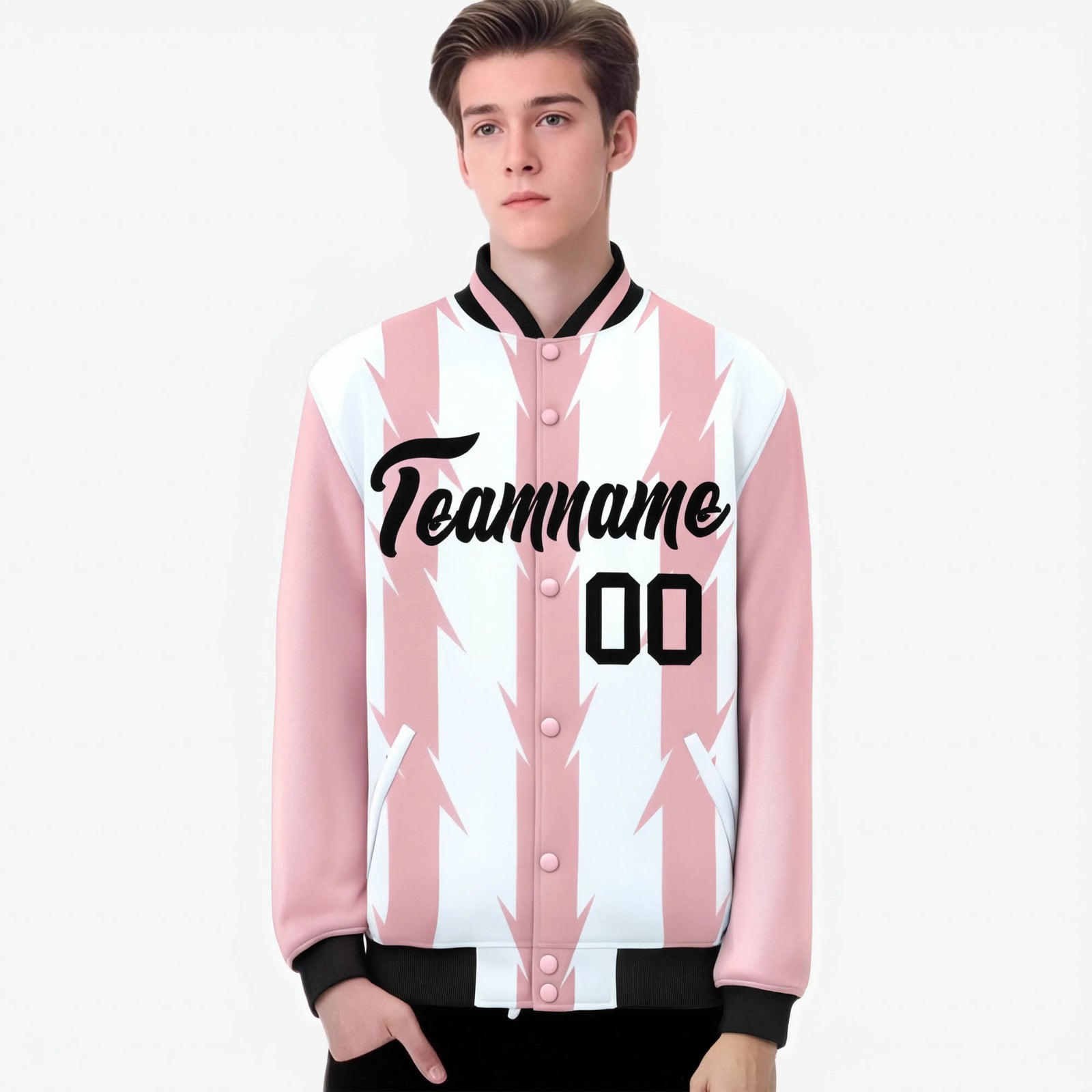 Custom White Light Pink-Black Blade Graffiti Pattern Varsity Full-Snap Jacket