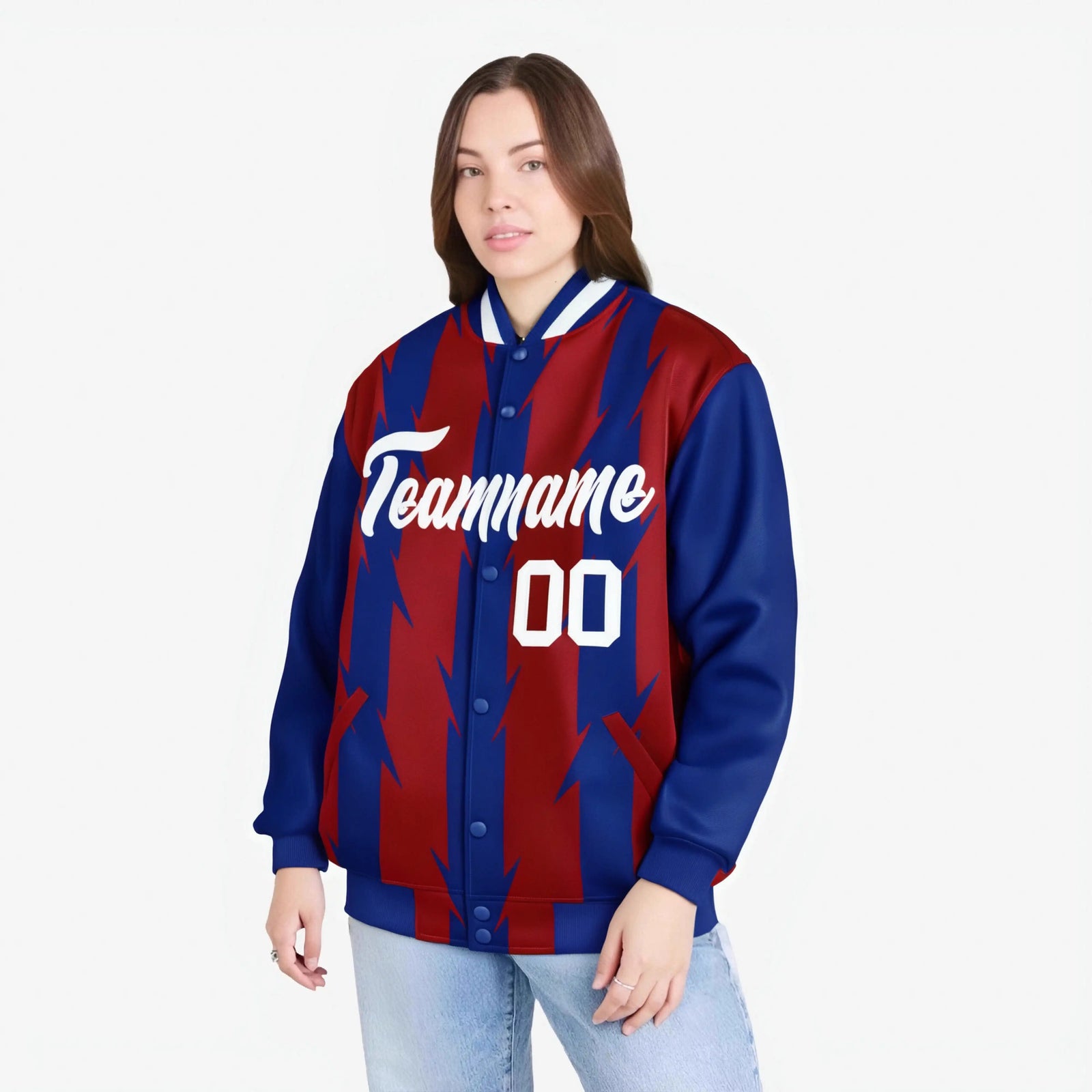 Custom Red Royal Blue-White Blade Graffiti Pattern Varsity Full-Snap Jacket