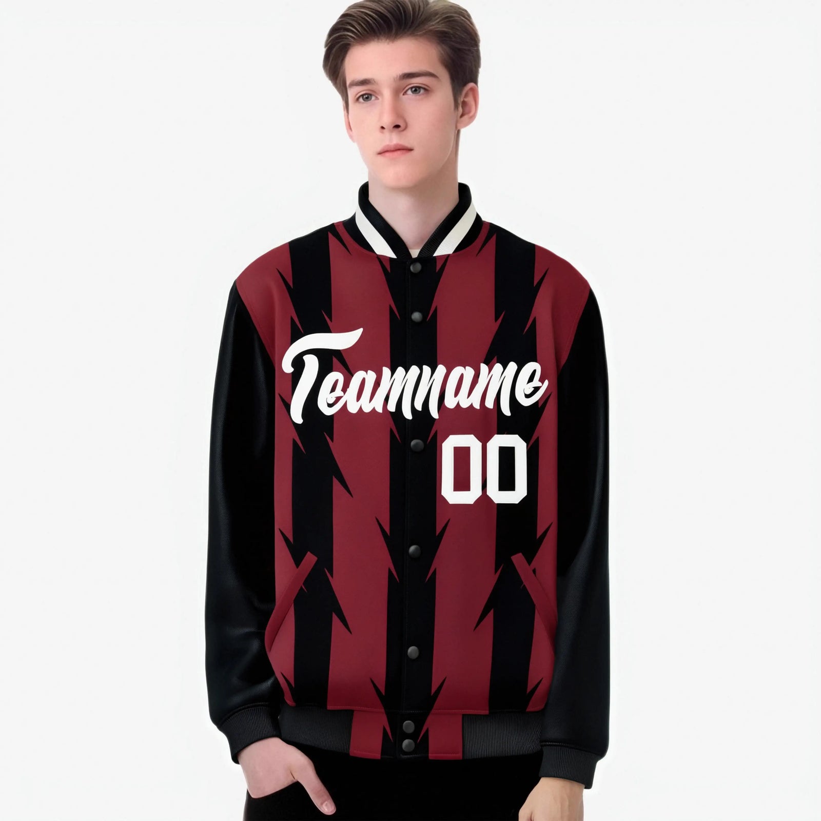 Custom Light Red Black-White Blade Graffiti Pattern Varsity Full-Snap Jacket