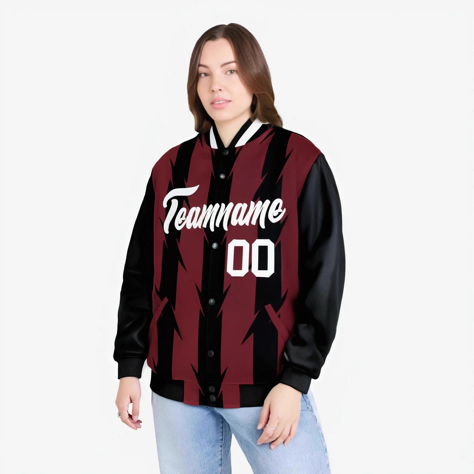 Custom Light Red Black-White Blade Graffiti Pattern Varsity Full-Snap Jacket