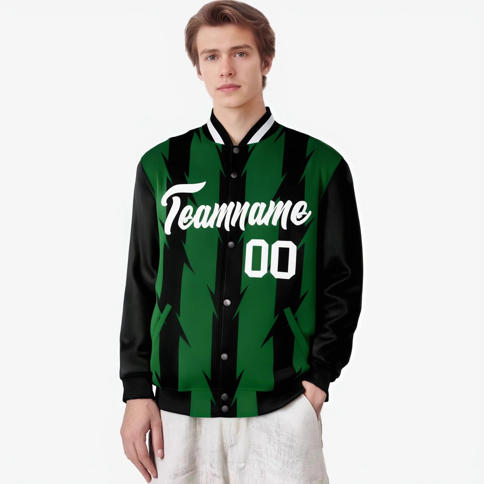 Custom Green Black-White Blade Graffiti Pattern Varsity Full-Snap Jacket