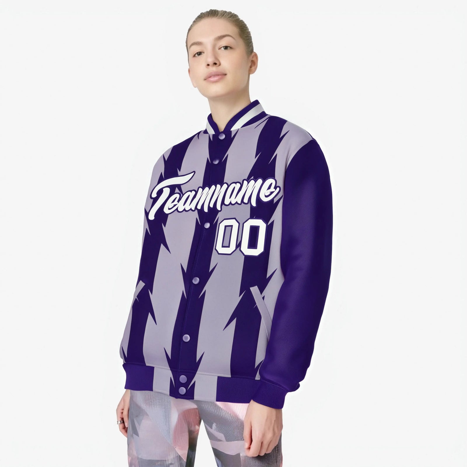 Custom Light Purple Purple-White Blade Graffiti Pattern Varsity Full-Snap Jacket
