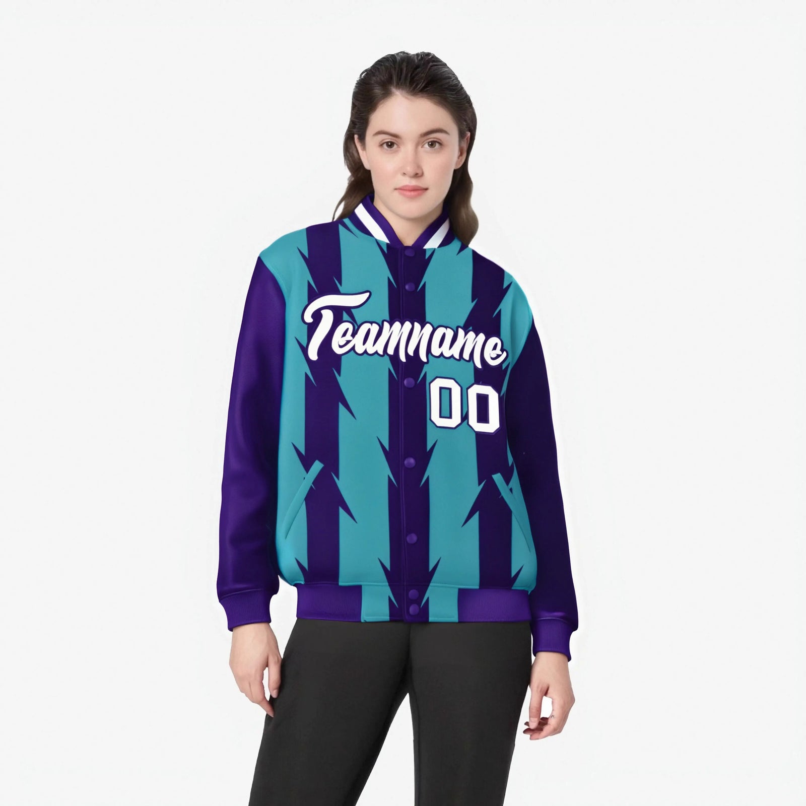 Custom Aqua Purple-White Blade Graffiti Pattern Varsity Full-Snap Jacket