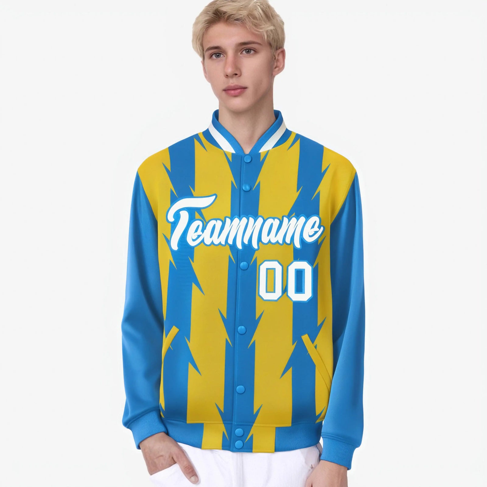 Custom Gold Powder Blue-White Blade Graffiti Pattern Varsity Full-Snap Jacket