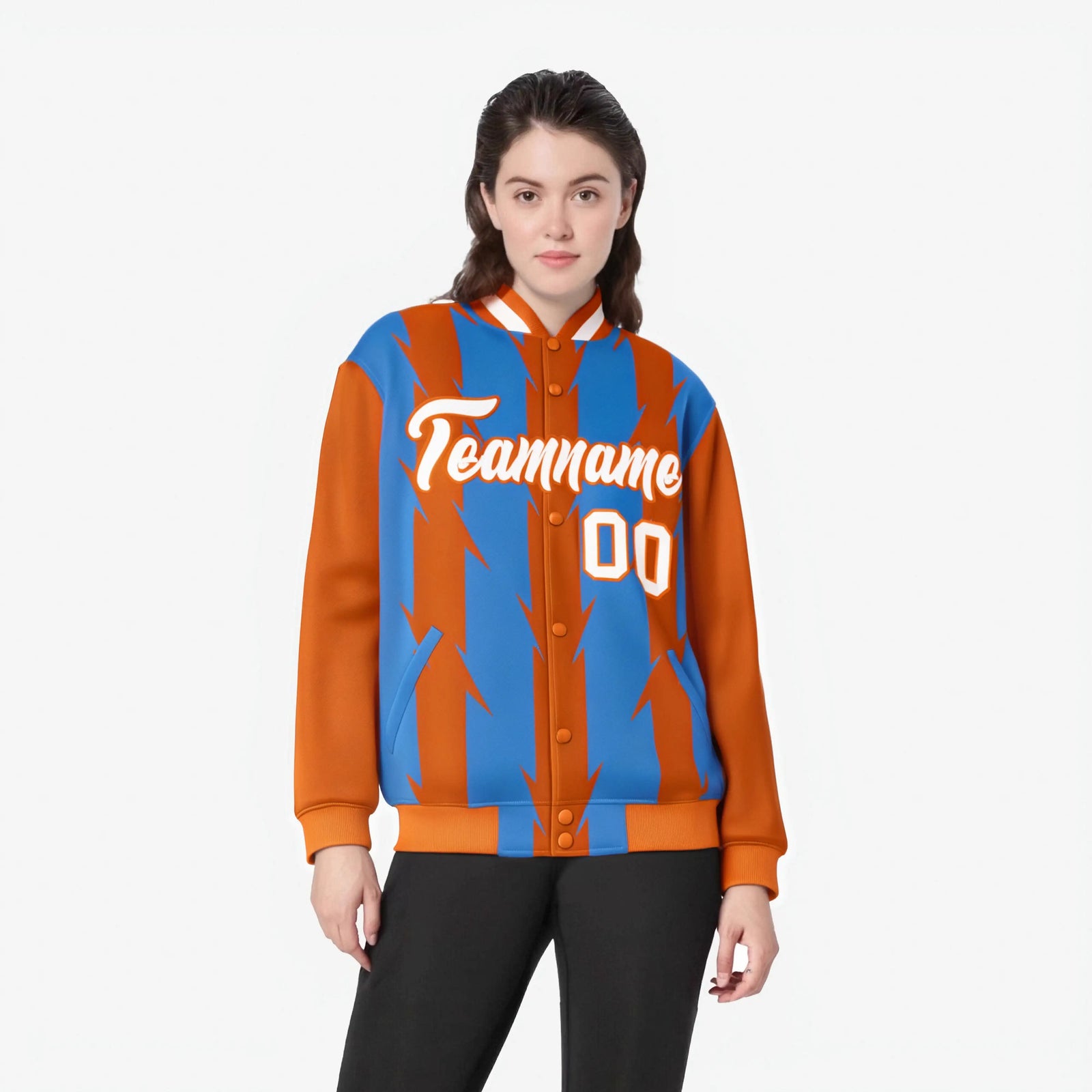 Custom Powder Blue Orange-White Blade Graffiti Pattern Varsity Full-Snap Jacket