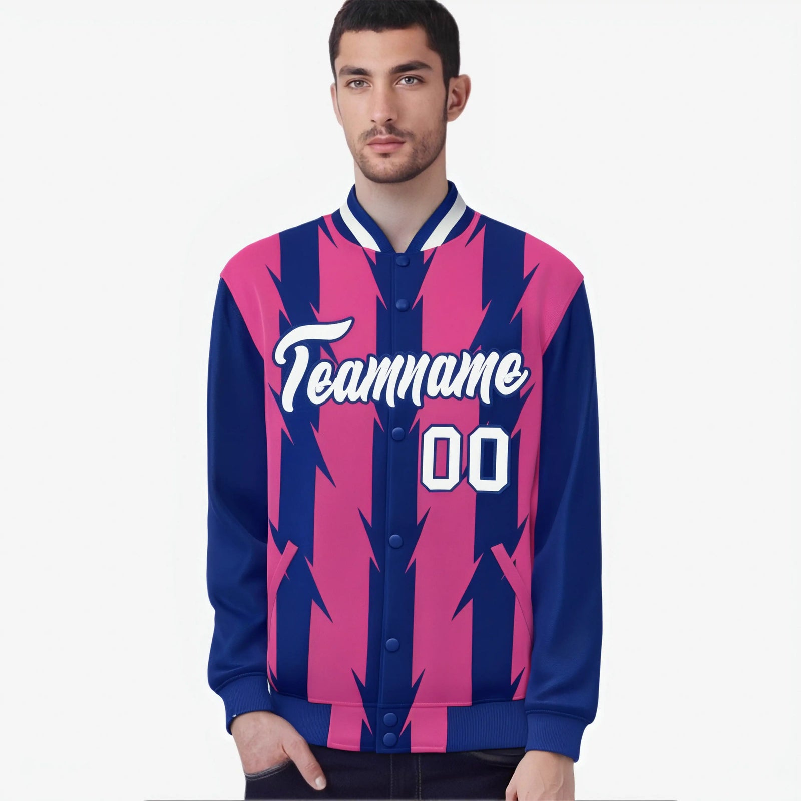 Custom Pink Royal Blue-White Blade Graffiti Pattern Varsity Full-Snap Jacket