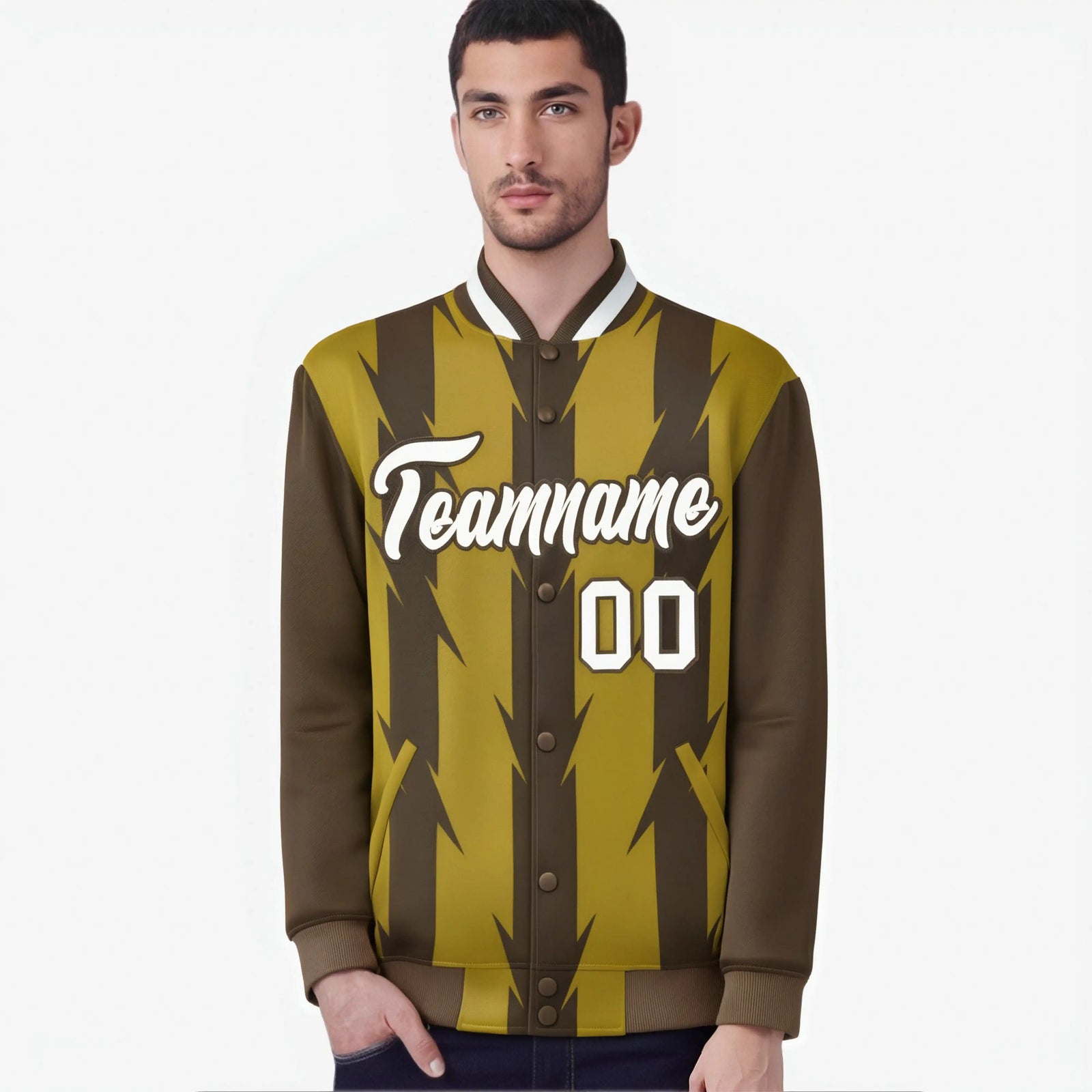 Custom Old Gold Brown-White Blade Graffiti Pattern Varsity Full-Snap Jacket