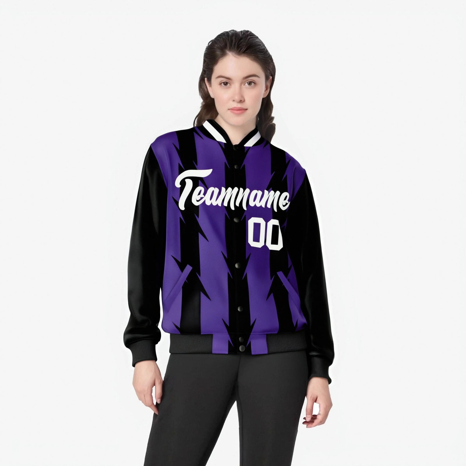 Custom Purple Black-White Blade Graffiti Pattern Varsity Full-Snap Jacket