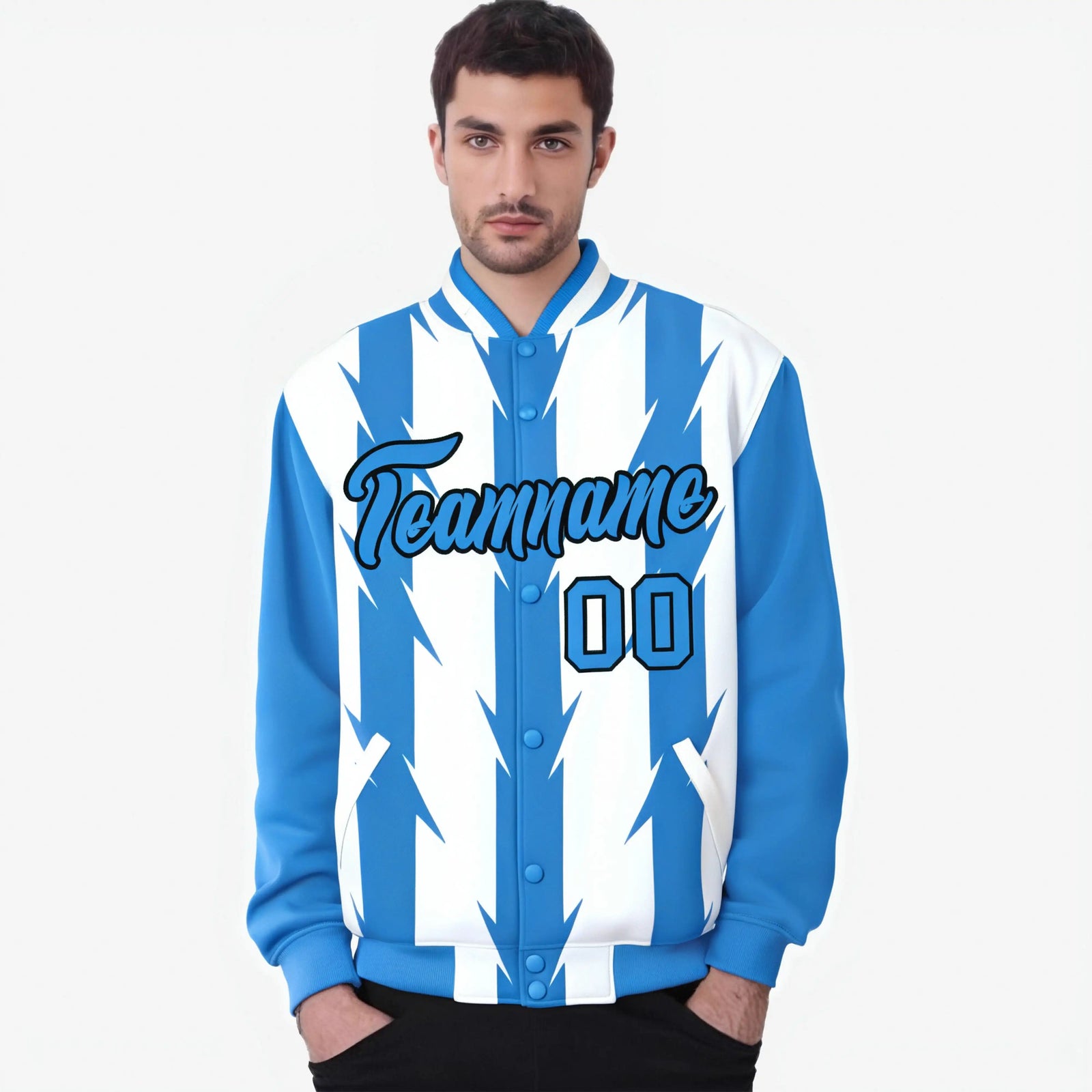 Custom White Powder Blue-Black Blade Graffiti Pattern Varsity Full-Snap Jacket