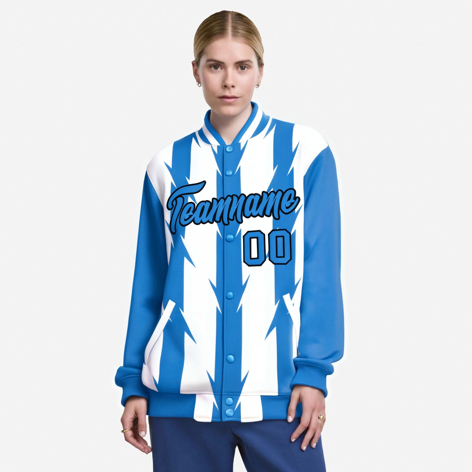 Custom White Powder Blue-Black Blade Graffiti Pattern Varsity Full-Snap Jacket