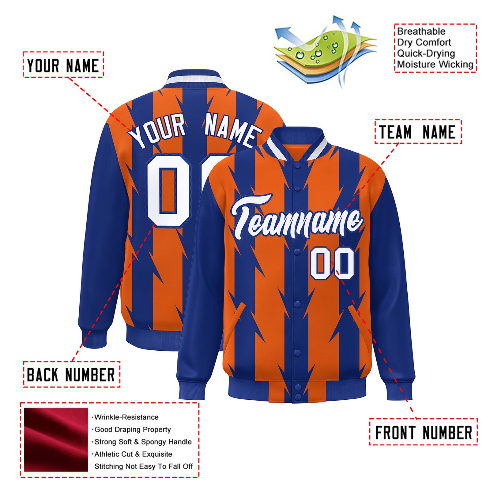 Custom Orange Royal Blue-White Blade Graffiti Pattern Varsity Full-Snap Jacket