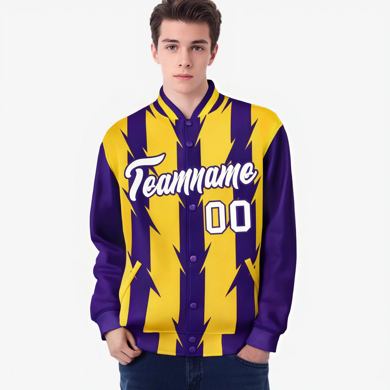 Custom Yellow Purple-White Blade Graffiti Pattern Varsity Full-Snap Jacket