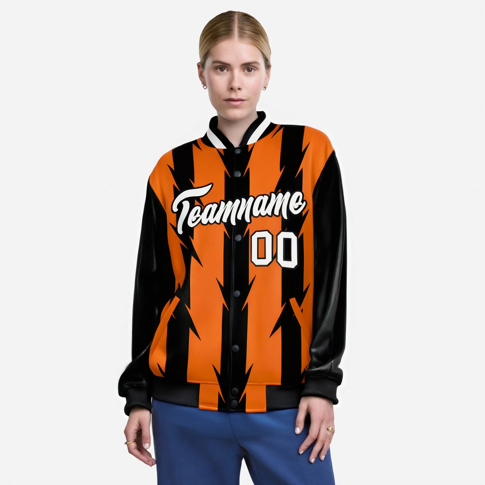 Custom Orange Black-White Blade Graffiti Pattern Varsity Full-Snap Jacket