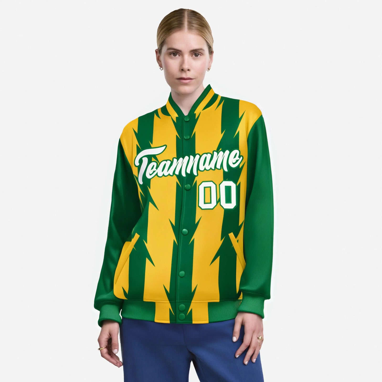 Custom Yellow Green-White Blade Graffiti Pattern Varsity Full-Snap Jacket