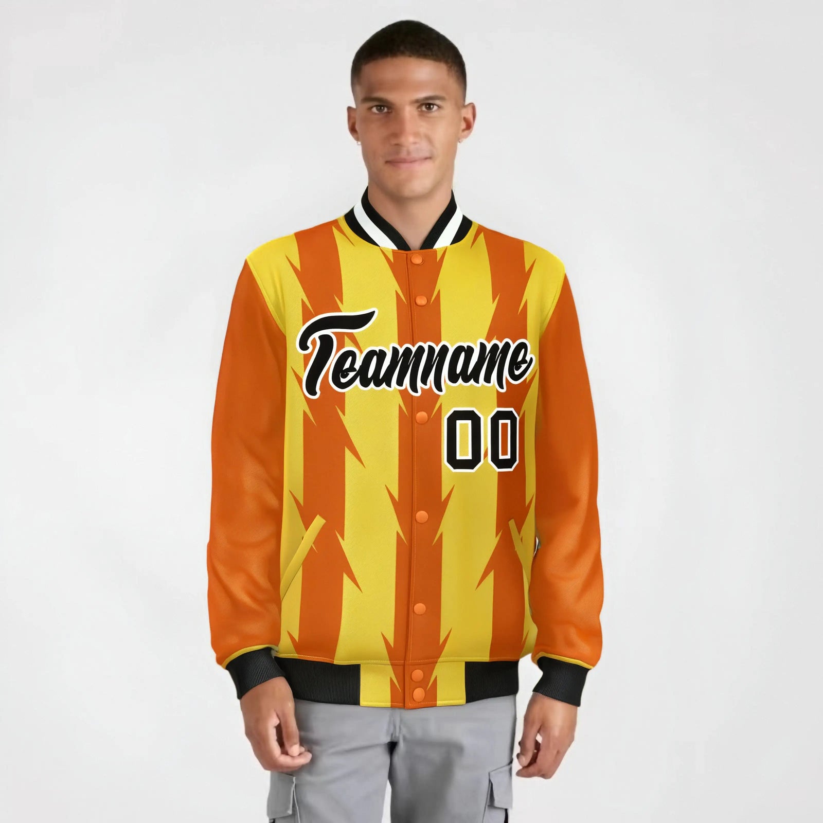 Custom Yellow Orange Black-White Blade Graffiti Pattern Varsity Full-Snap Jacket