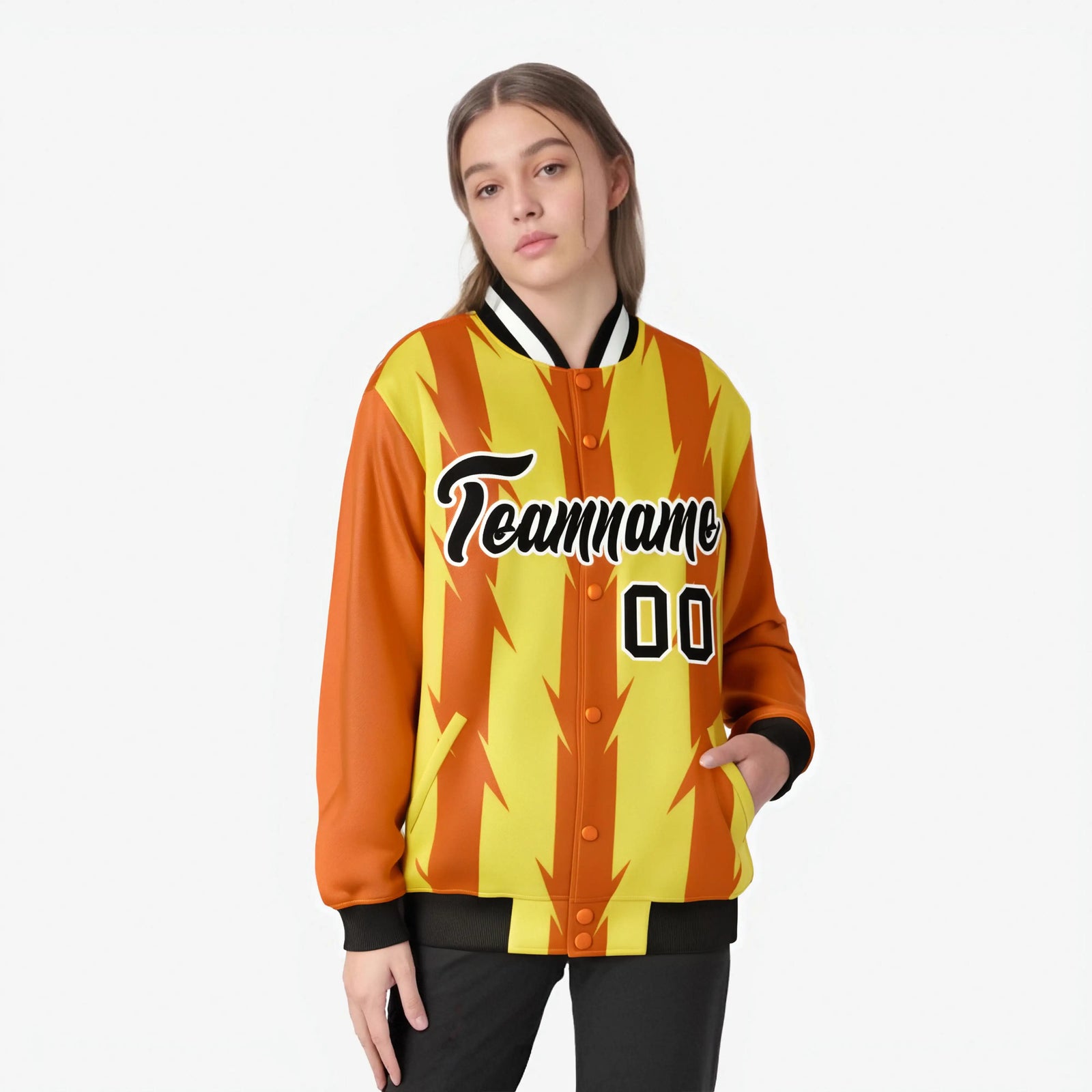 Custom Yellow Orange Black-White Blade Graffiti Pattern Varsity Full-Snap Jacket