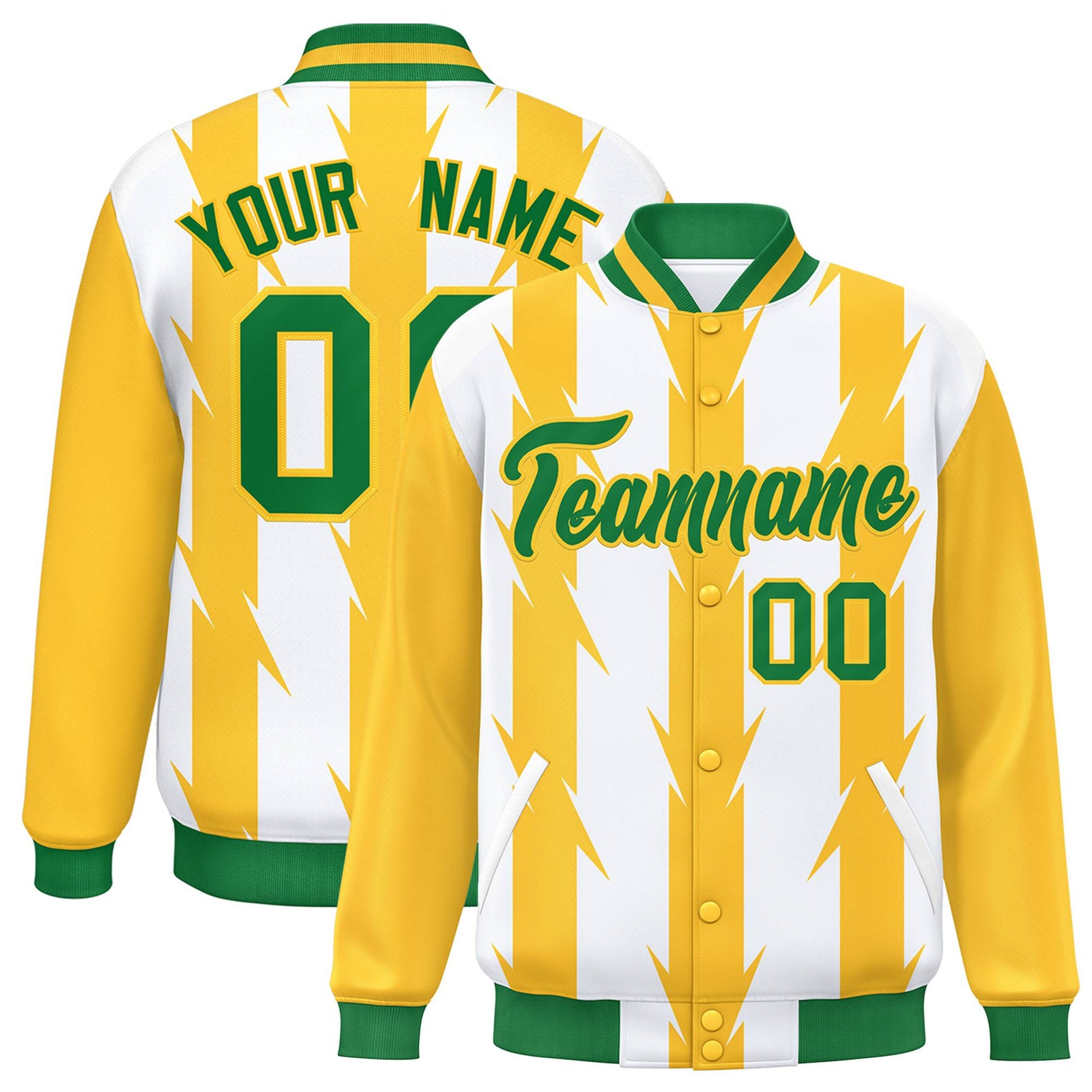 Custom White Gold-Kelly Green Blade Graffiti Pattern Varsity Full-Snap Jacket