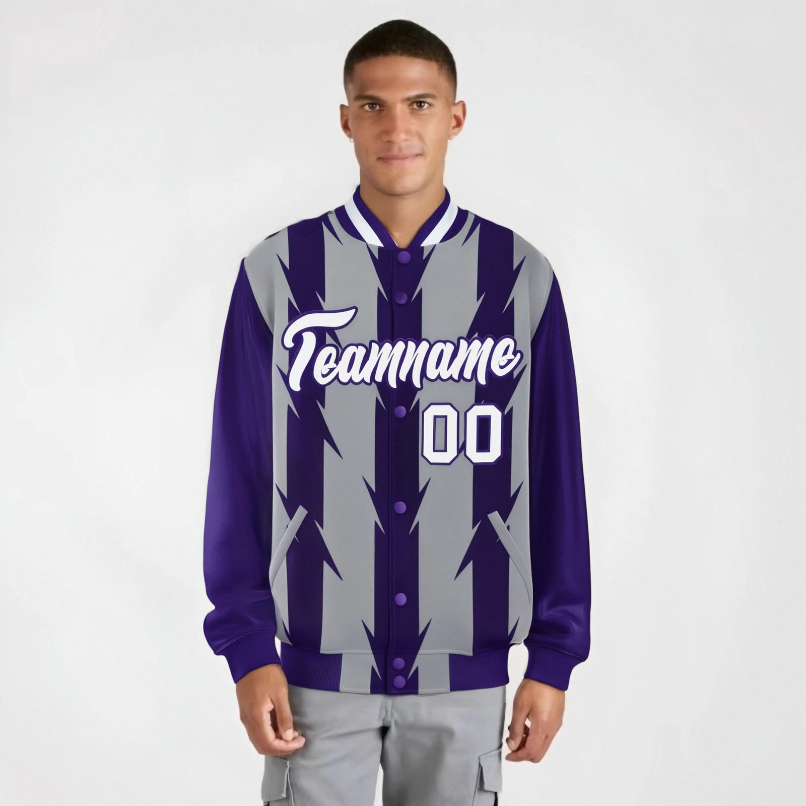 Custom Gray Purple-White Blade Graffiti Pattern Varsity Full-Snap Jacket