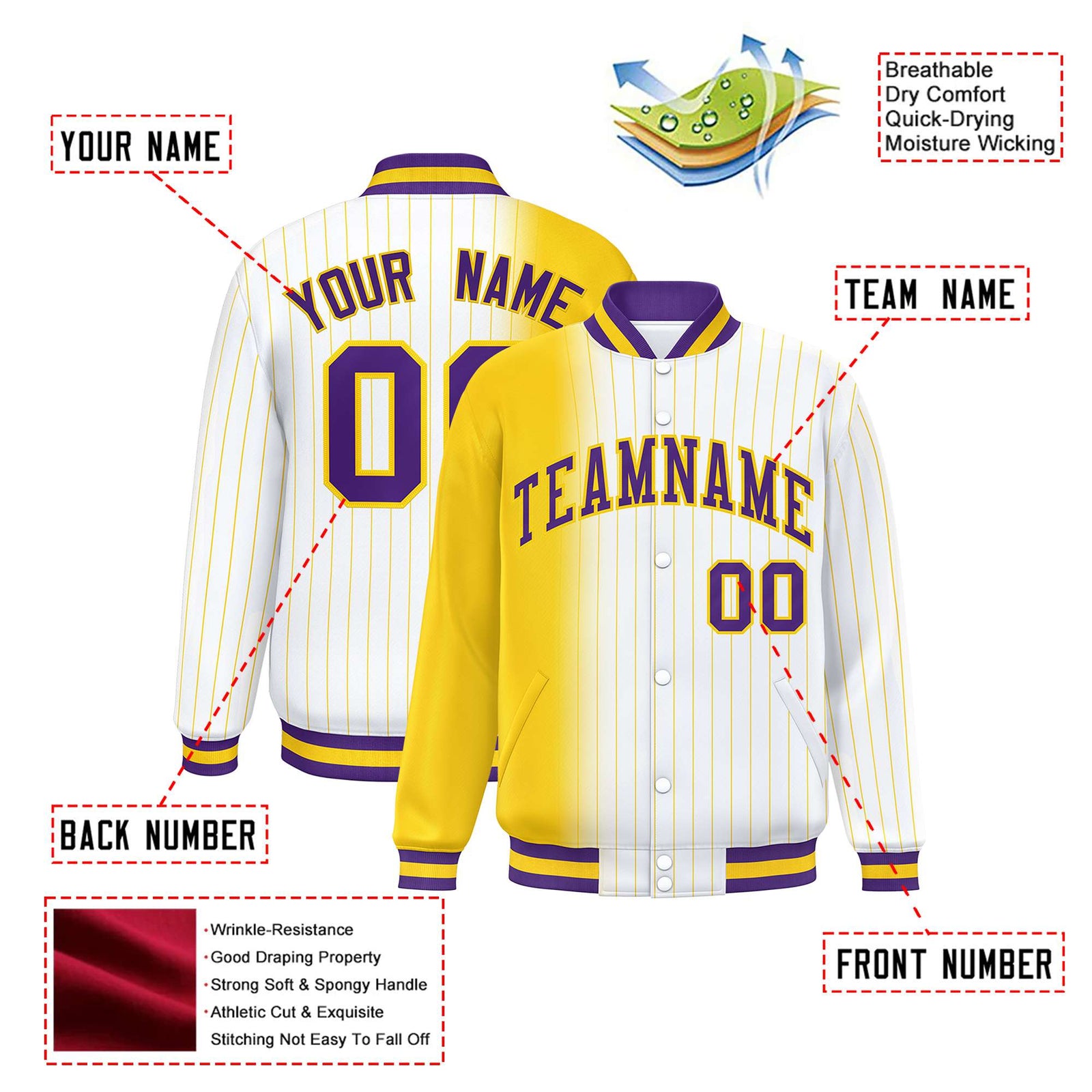Custom White Gold Pinstripe Purple-Gold Gradient Fashion Varsity Full-Snap Jacket