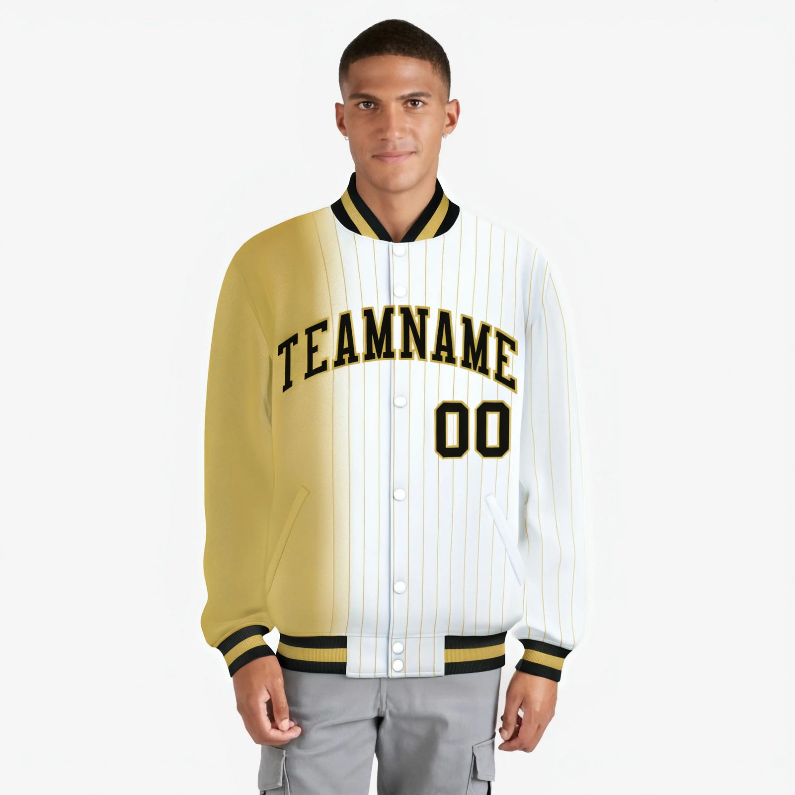 Custom White Khaki Pinstripe Black-Khaki Gradient Fashion Varsity Full-Snap Jacket