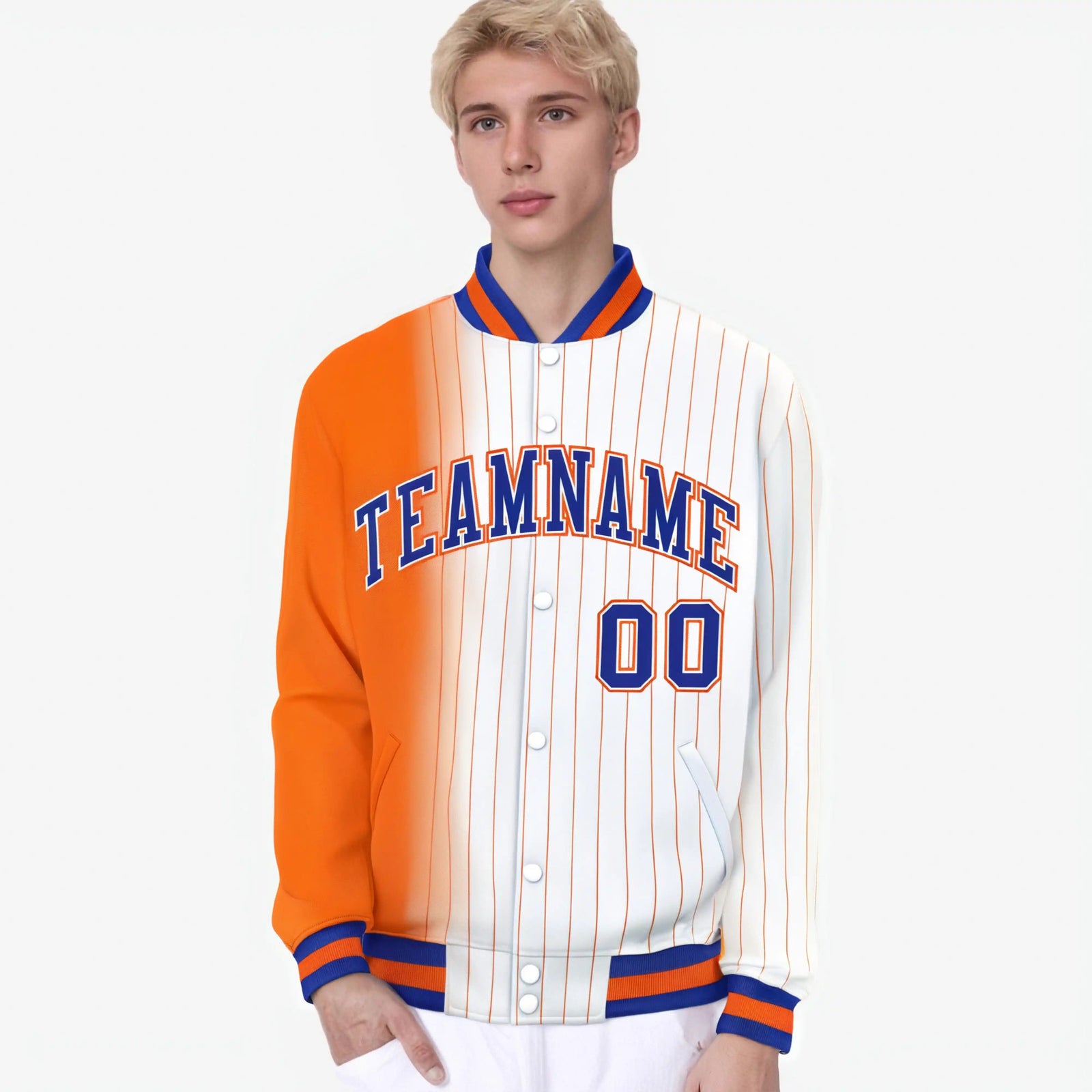 Custom White Orange Pinstripe Orange-Royal Blue Gradient Fashion Varsity Full-Snap Jacket