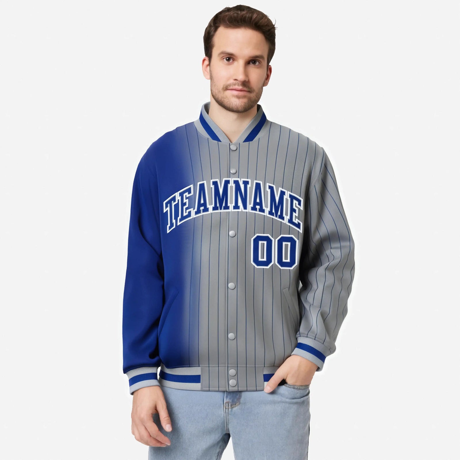 Custom Gray Royal Blue Pinstripe Royal Blue-White Gradient Fashion Varsity Full-Snap Jacket