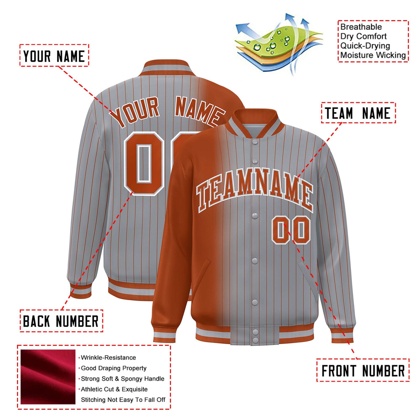 Custom Gray Munsell Pinstripe Munsell-White Gradient Fashion Varsity Full-Snap Jacket