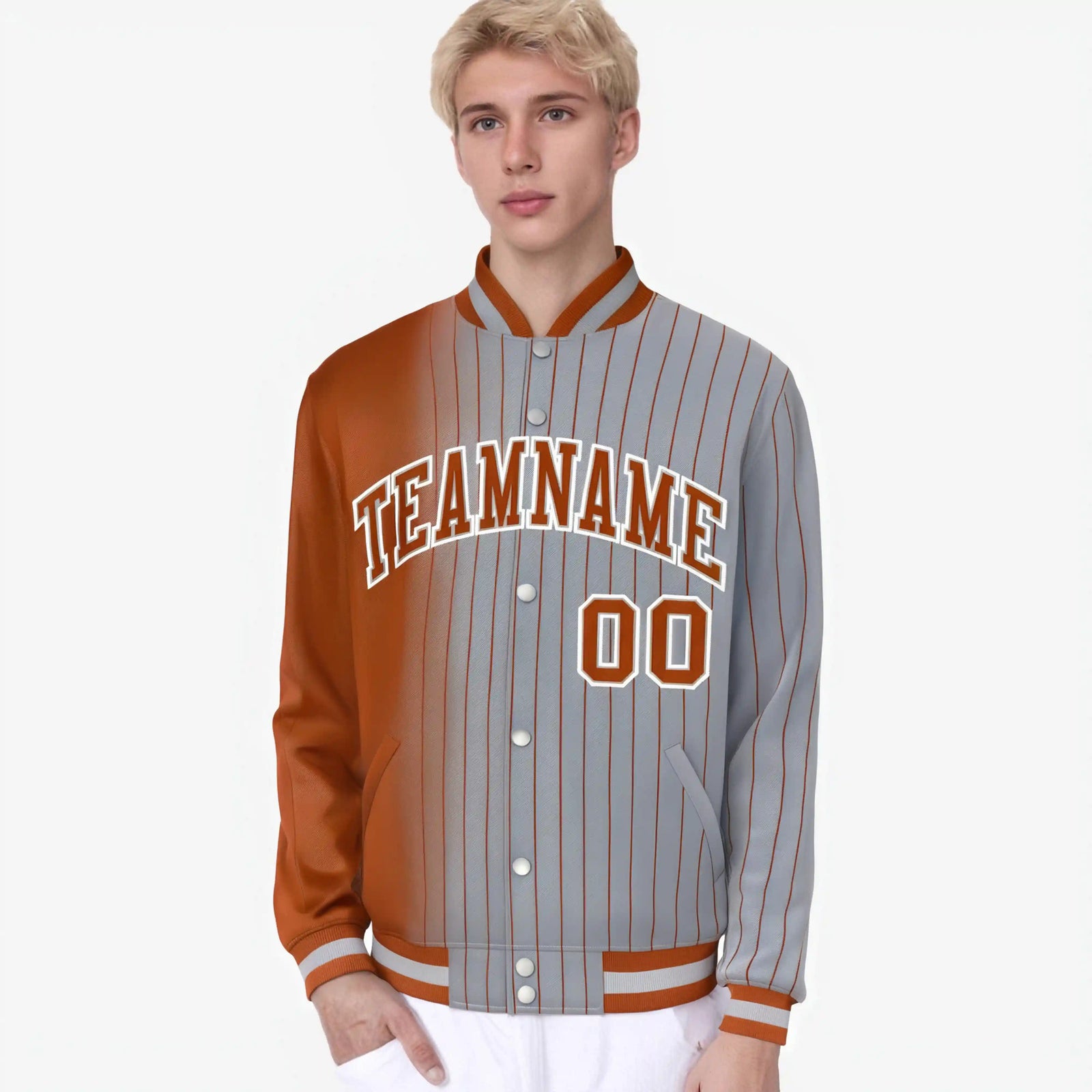 Custom Gray Munsell Pinstripe Munsell-White Gradient Fashion Varsity Full-Snap Jacket