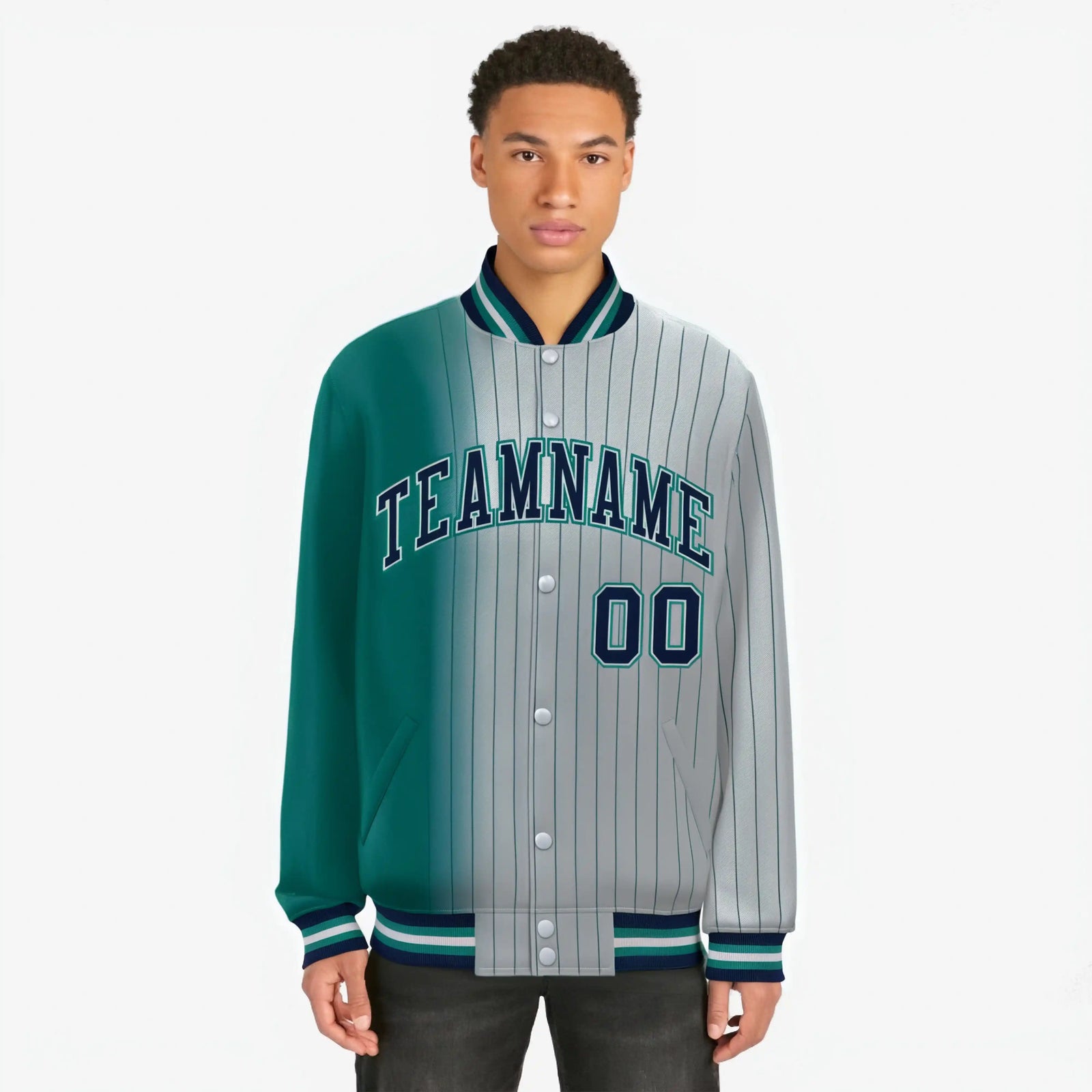 Custom Gray Teal Pinstripe Navy-Teal Gradient Fashion Varsity Full-Snap Jacket