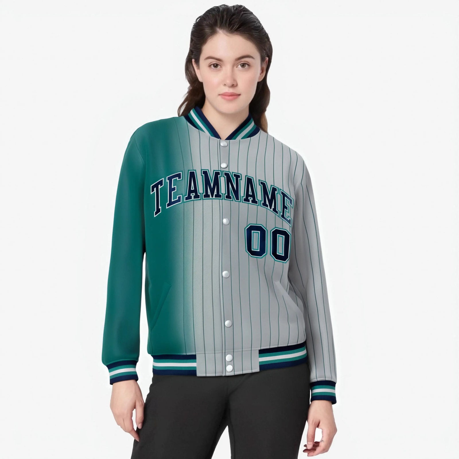 Custom Gray Teal Pinstripe Navy-Teal Gradient Fashion Varsity Full-Snap Jacket