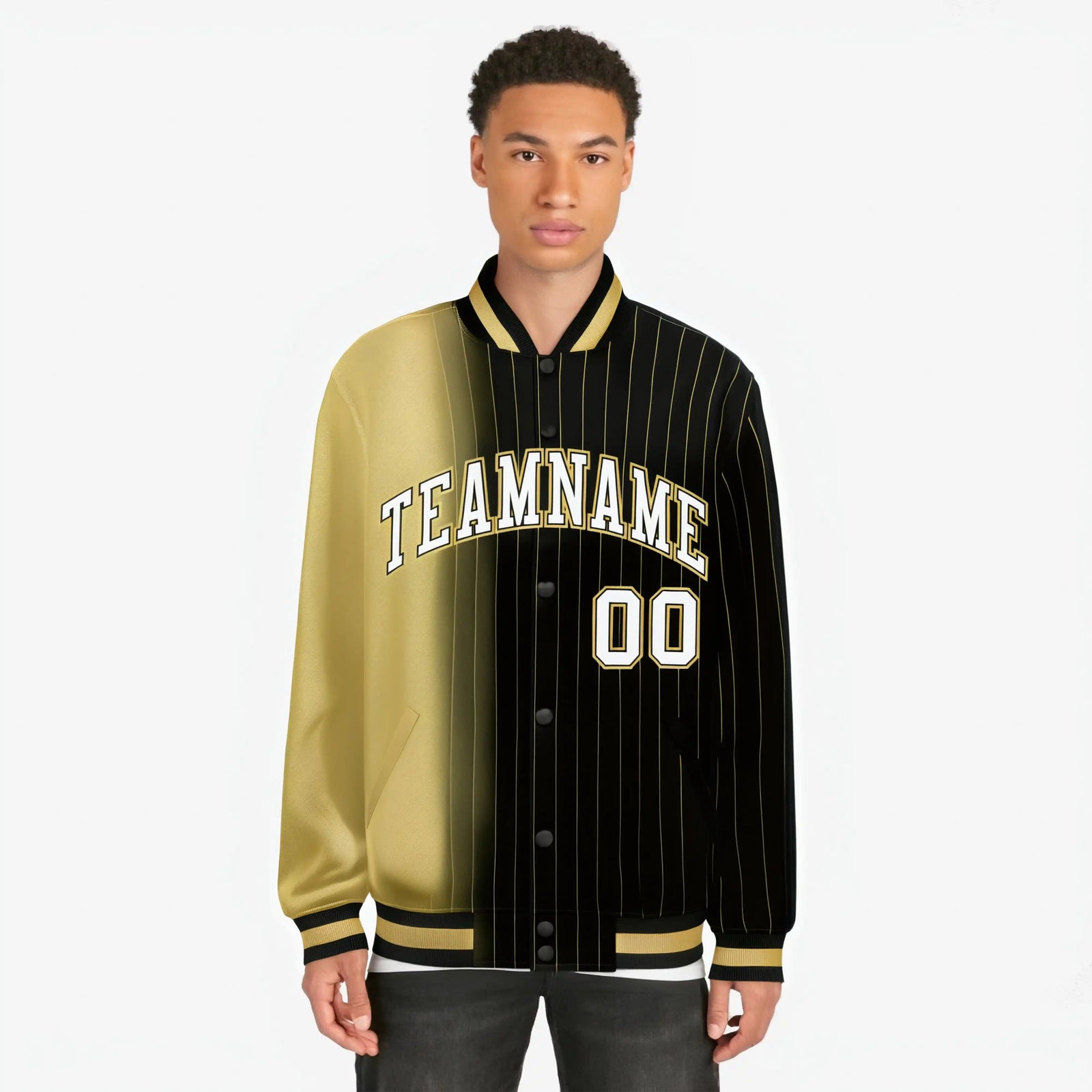 Custom Black Old-Gold Pinstripe White-Old Gold Gradient Fashion Varsity Full-Snap Jacket