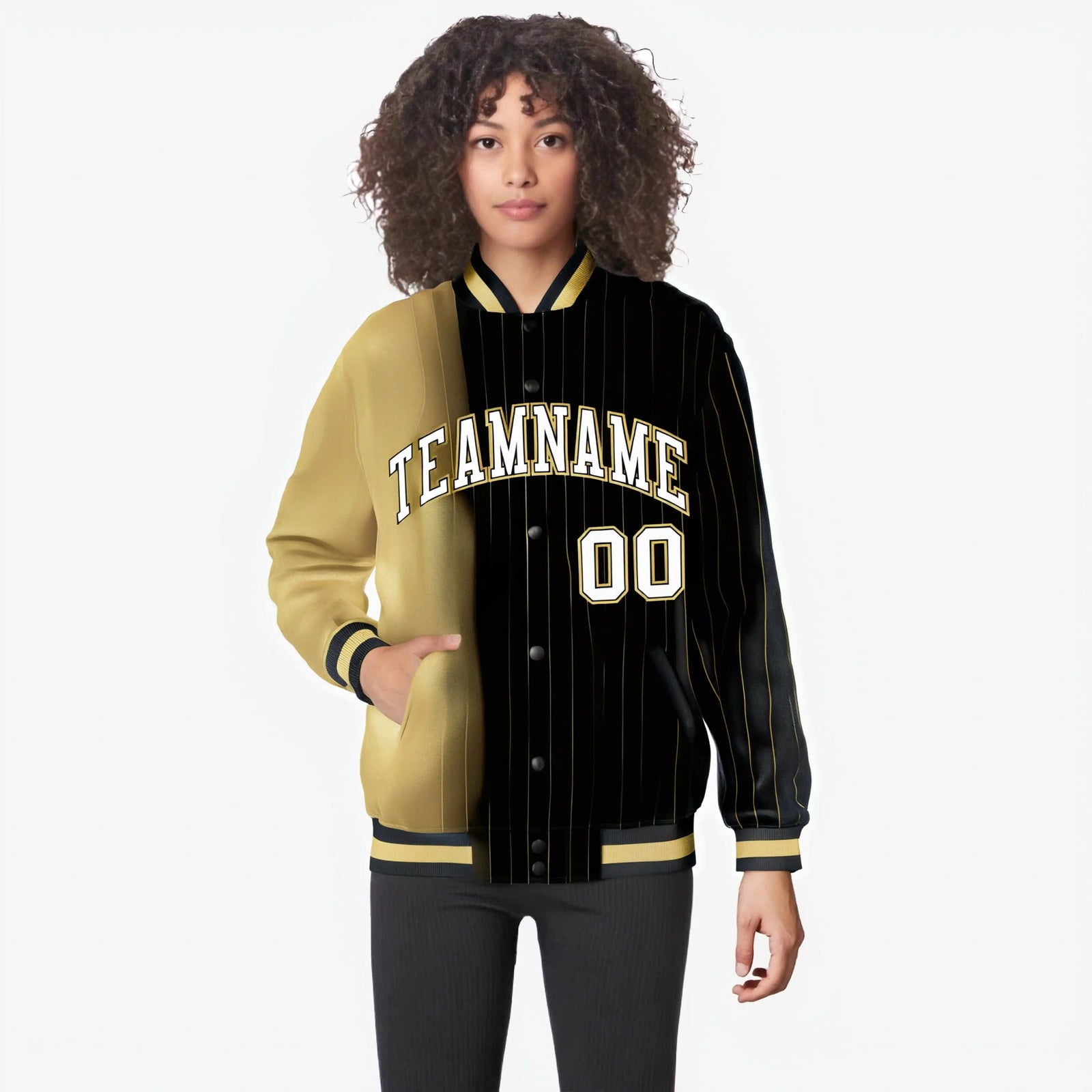 Custom Black Old-Gold Pinstripe White-Old Gold Gradient Fashion Varsity Full-Snap Jacket