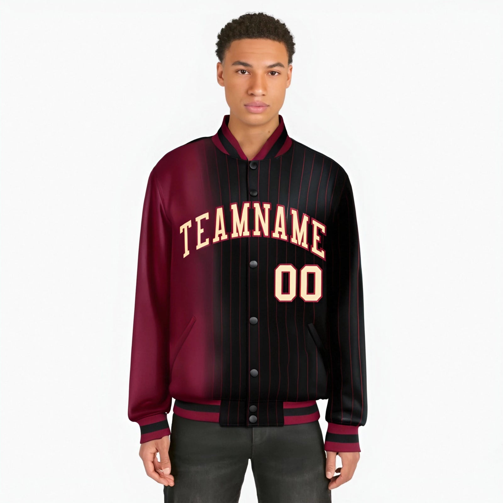 Custom Black Crimson Pinstripe Old Gold-Crimson Gradient Fashion Varsity Full-Snap Jacket