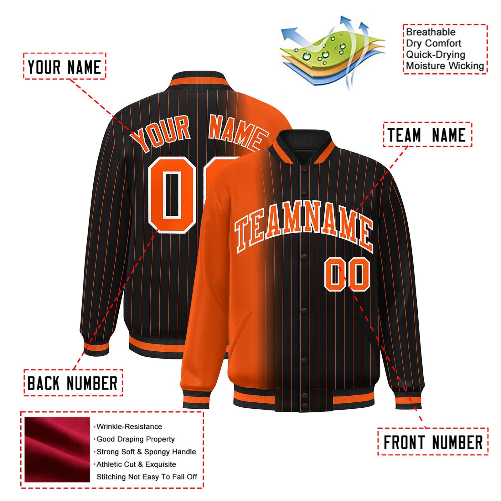 Custom Black Orange Pinstripe Orange-White Gradient Fashion Varsity Full-Snap Jacket