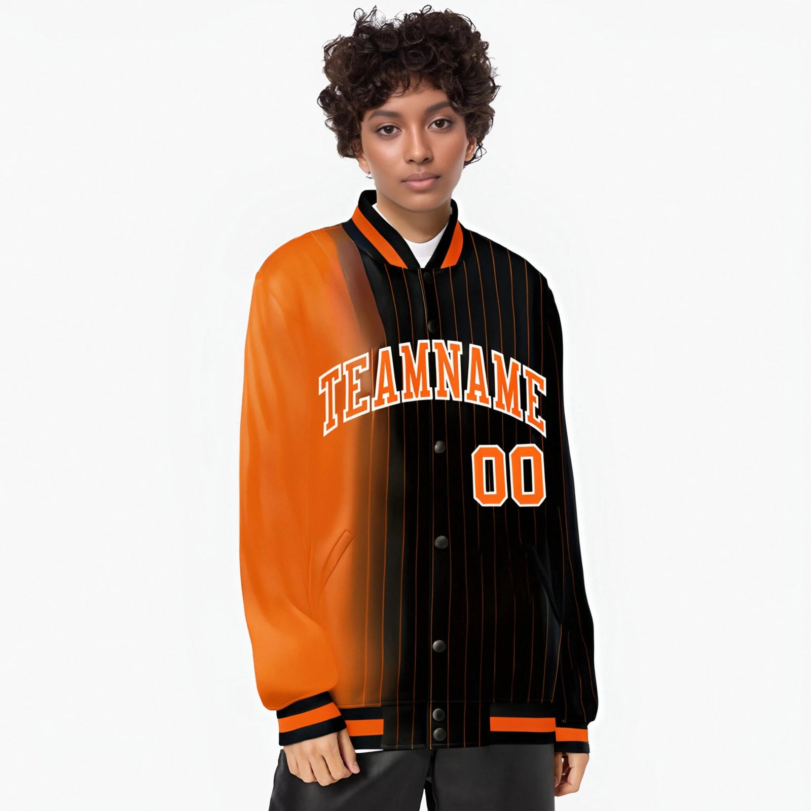 Custom Black Orange Pinstripe Orange-White Gradient Fashion Varsity Full-Snap Jacket