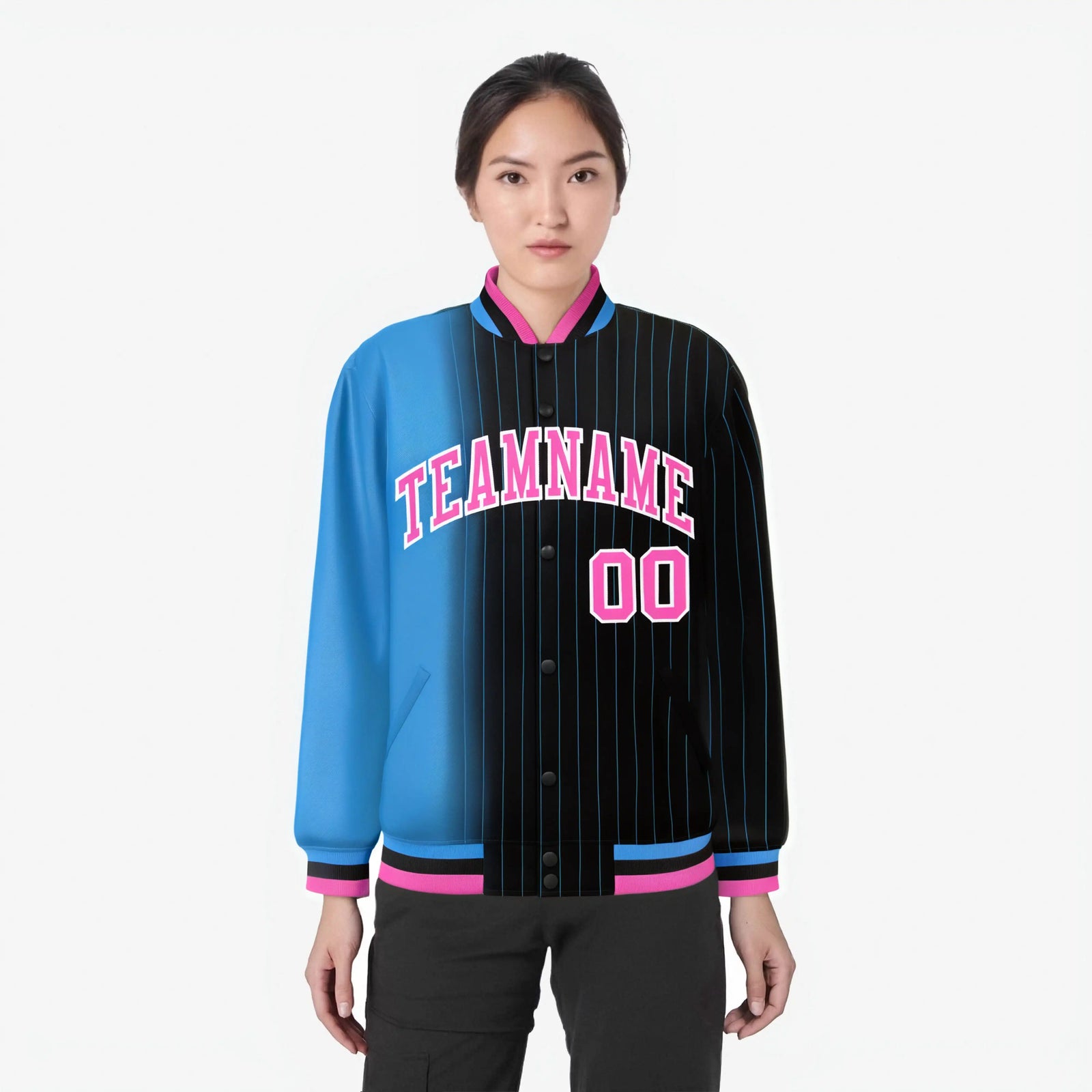 Custom Black Powder Blue Pinstripe Pink-Powder Blue Gradient Fashion Varsity Full-Snap Jacket