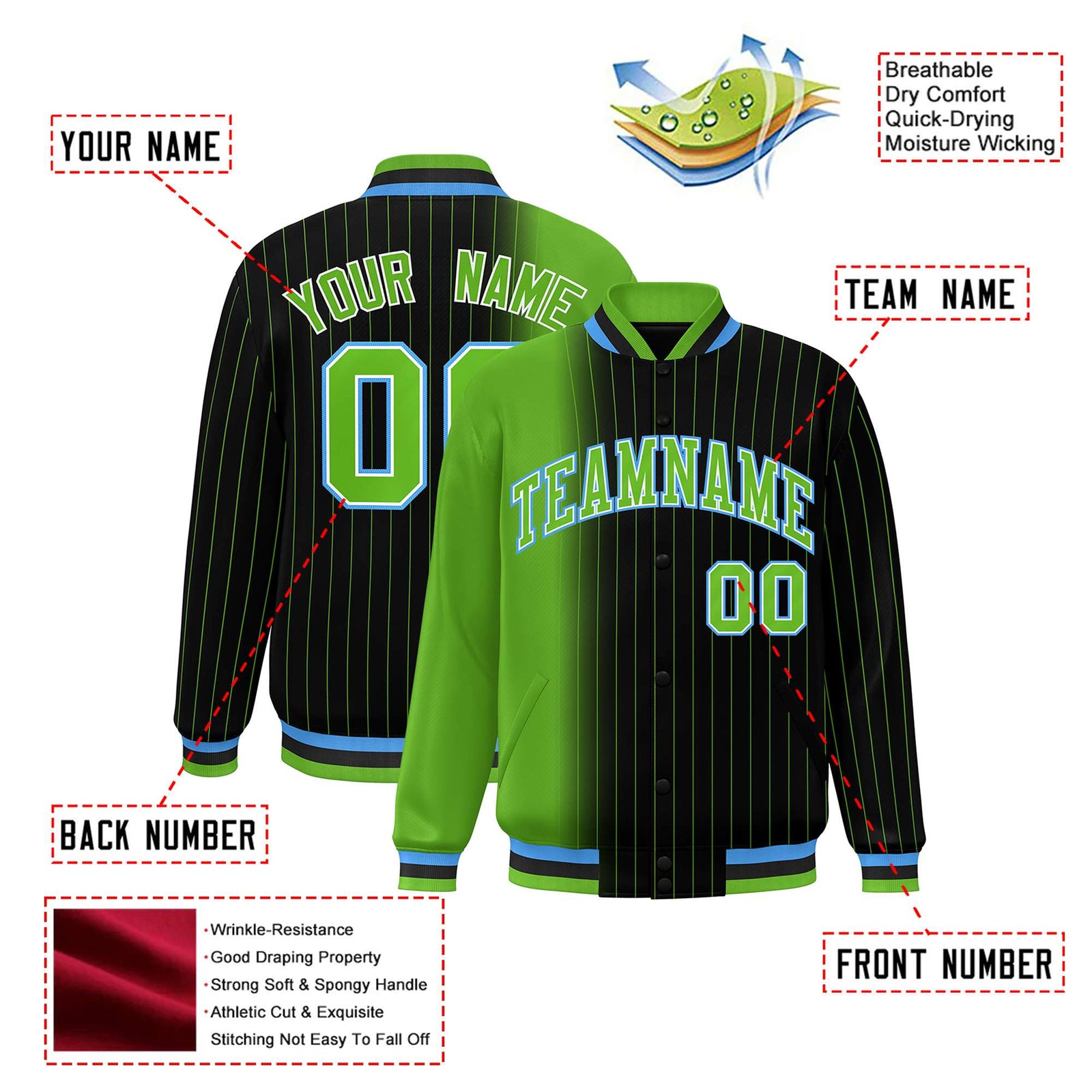 Custom Black Neon Green Pinstripe Powder Blue-Neon Green Gradient Fashion Varsity Full-Snap Jacket