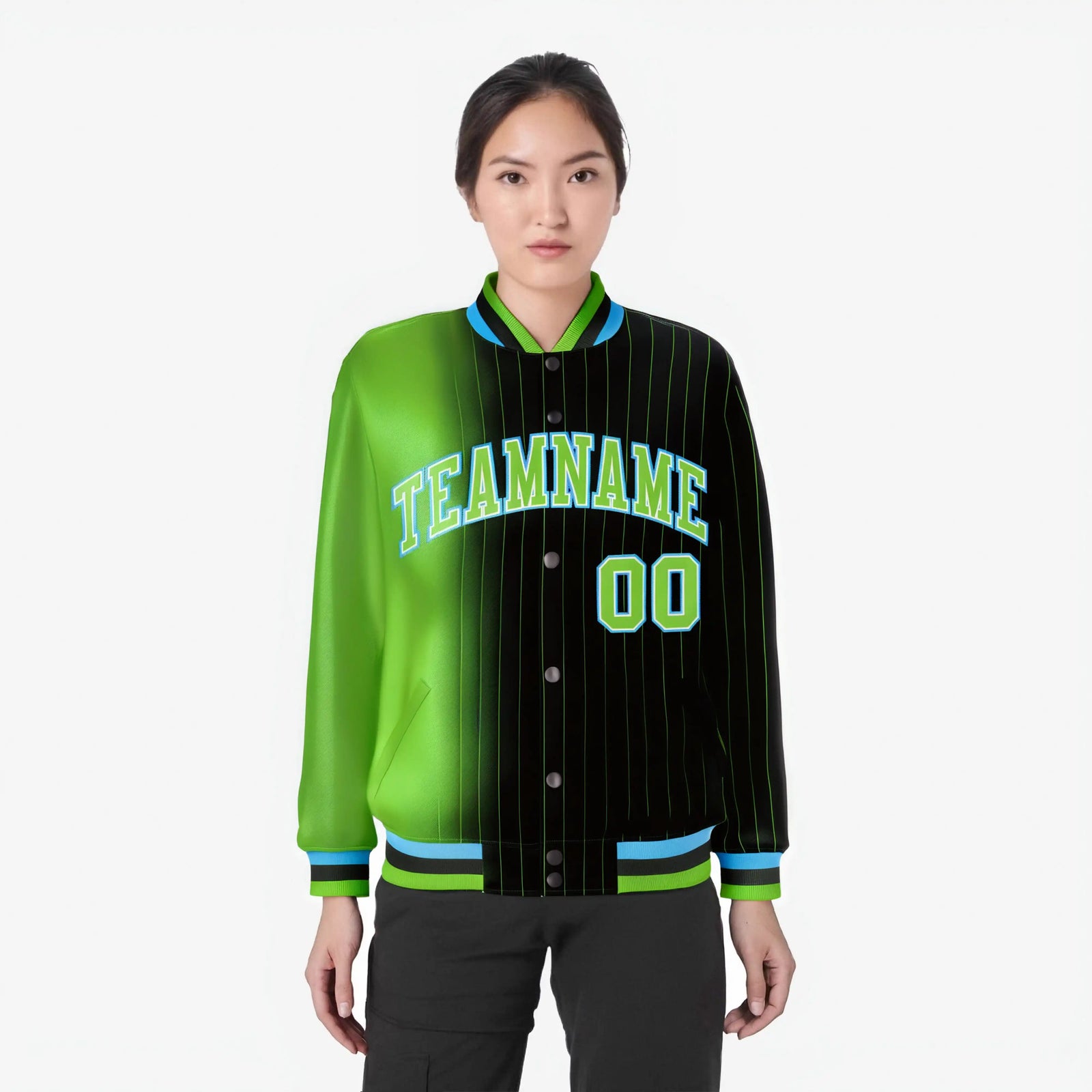Custom Black Neon Green Pinstripe Powder Blue-Neon Green Gradient Fashion Varsity Full-Snap Jacket