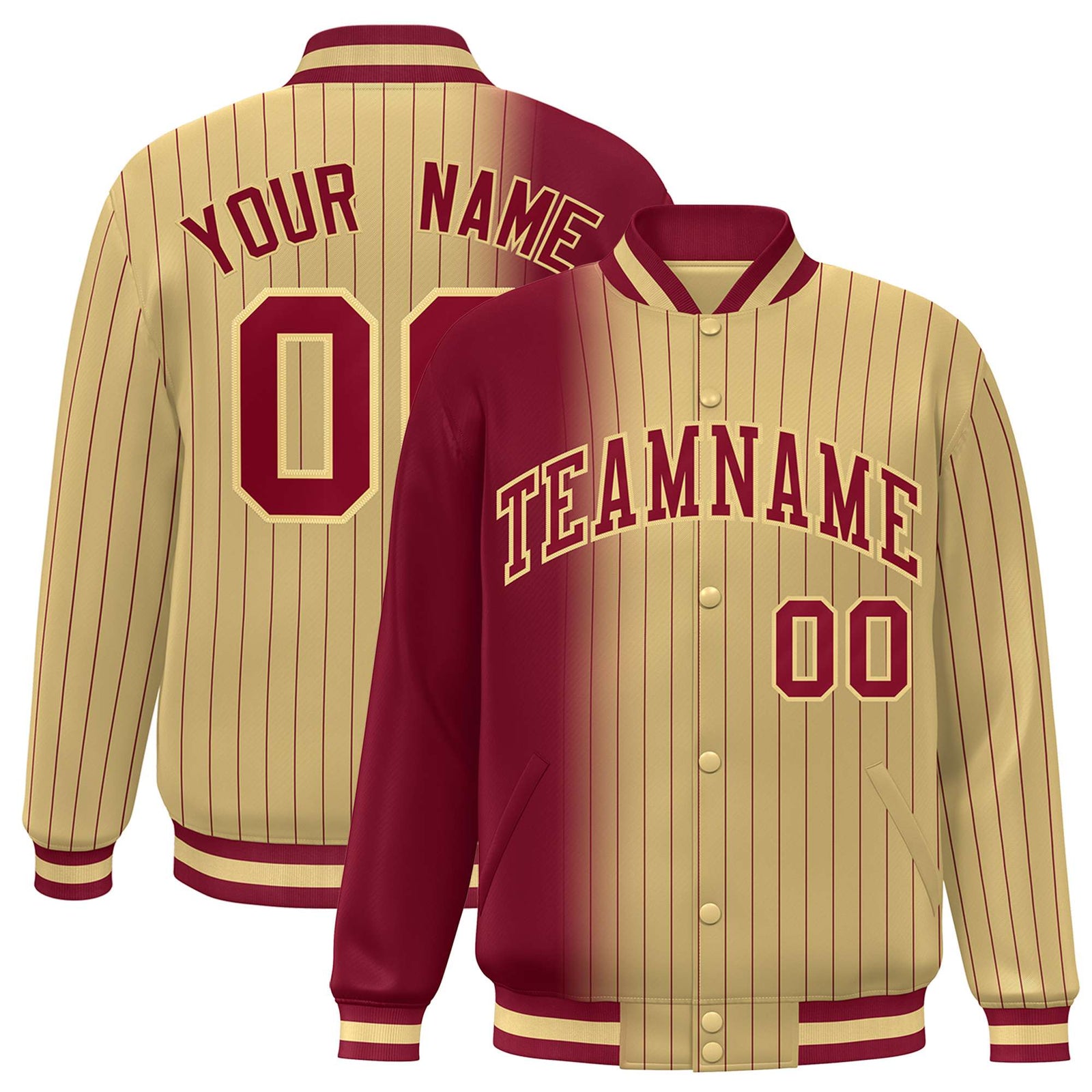 Custom Old Gold Crimson Pinstripe Old Gold-Crimson Gradient Fashion Varsity Full-Snap Jacket
