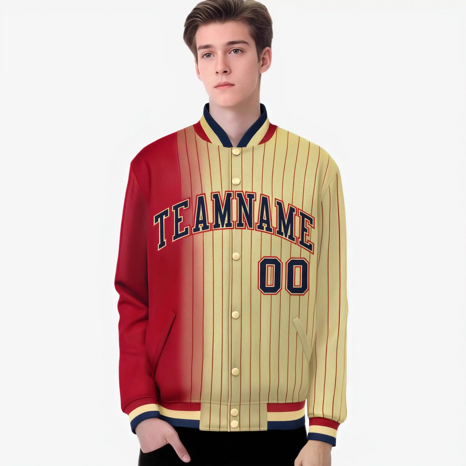 Custom Old Gold Red Pinstripe Navy-Red Gradient Fashion Varsity Full-Snap Jacket