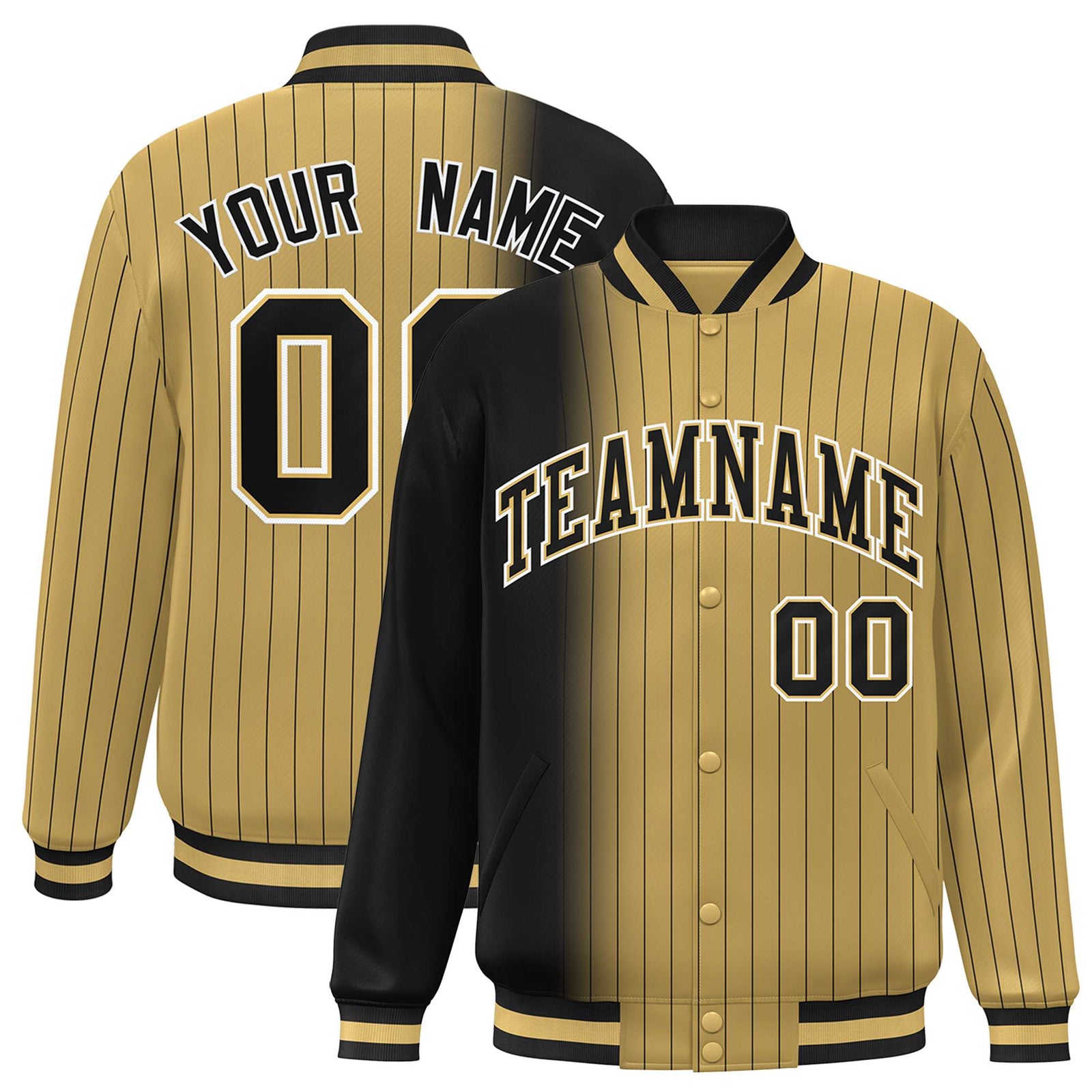 Custom Old Gold Black Pinstripe White-Black Gradient Fashion Varsity Full-Snap Jacket