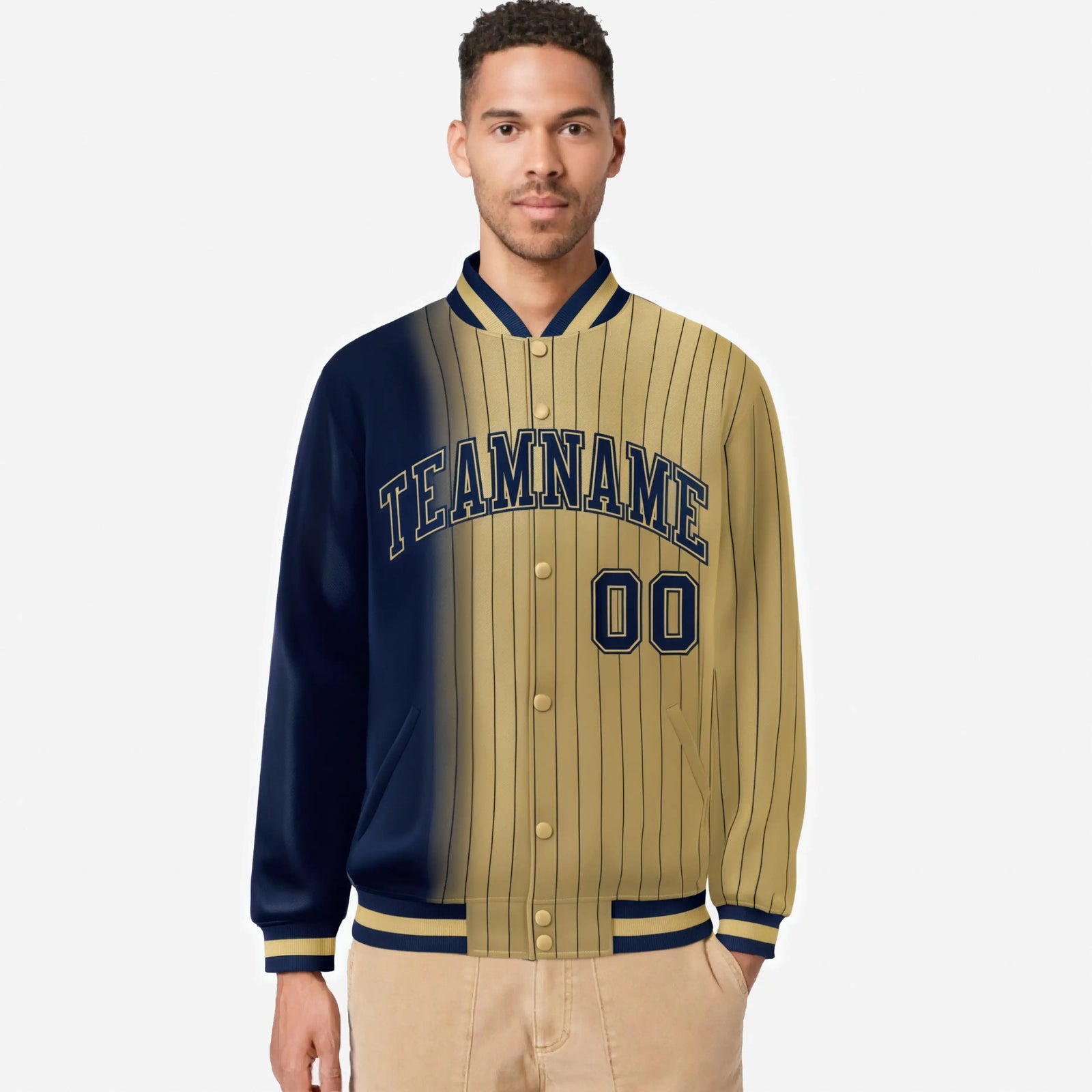 Custom Old Gold Navy Pinstripe Old Gold-Navy Gradient Fashion Varsity Full-Snap Jacket