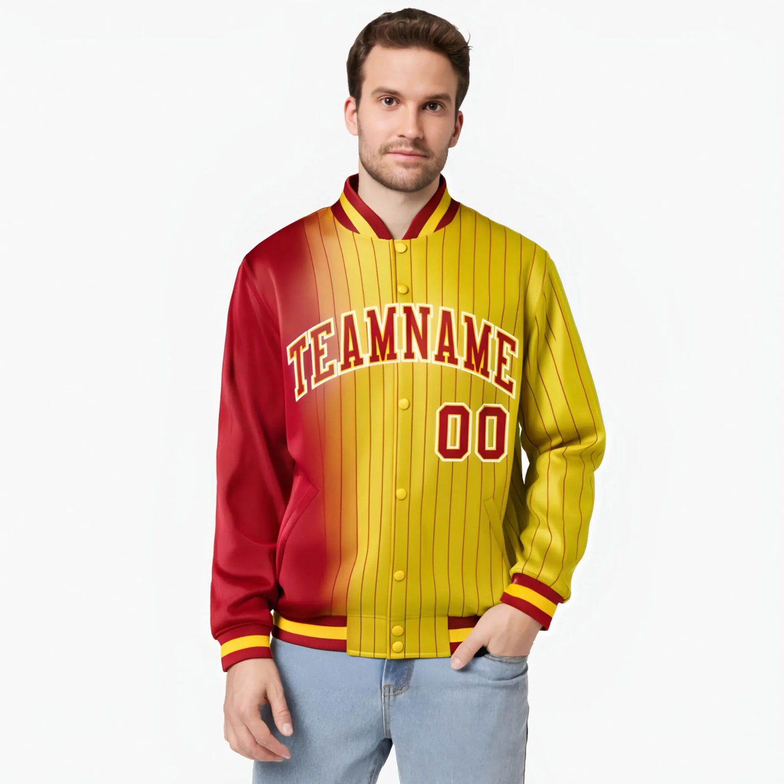 Custom Gold Red Pinstripe White-Red Gradient Fashion Varsity Full-Snap Jacket
