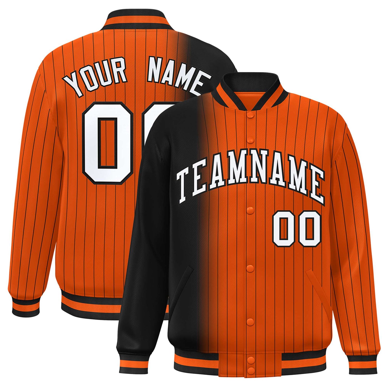 Custom Orange Black Pinstripe White-Black Gradient Fashion Varsity Full-Snap Jacket